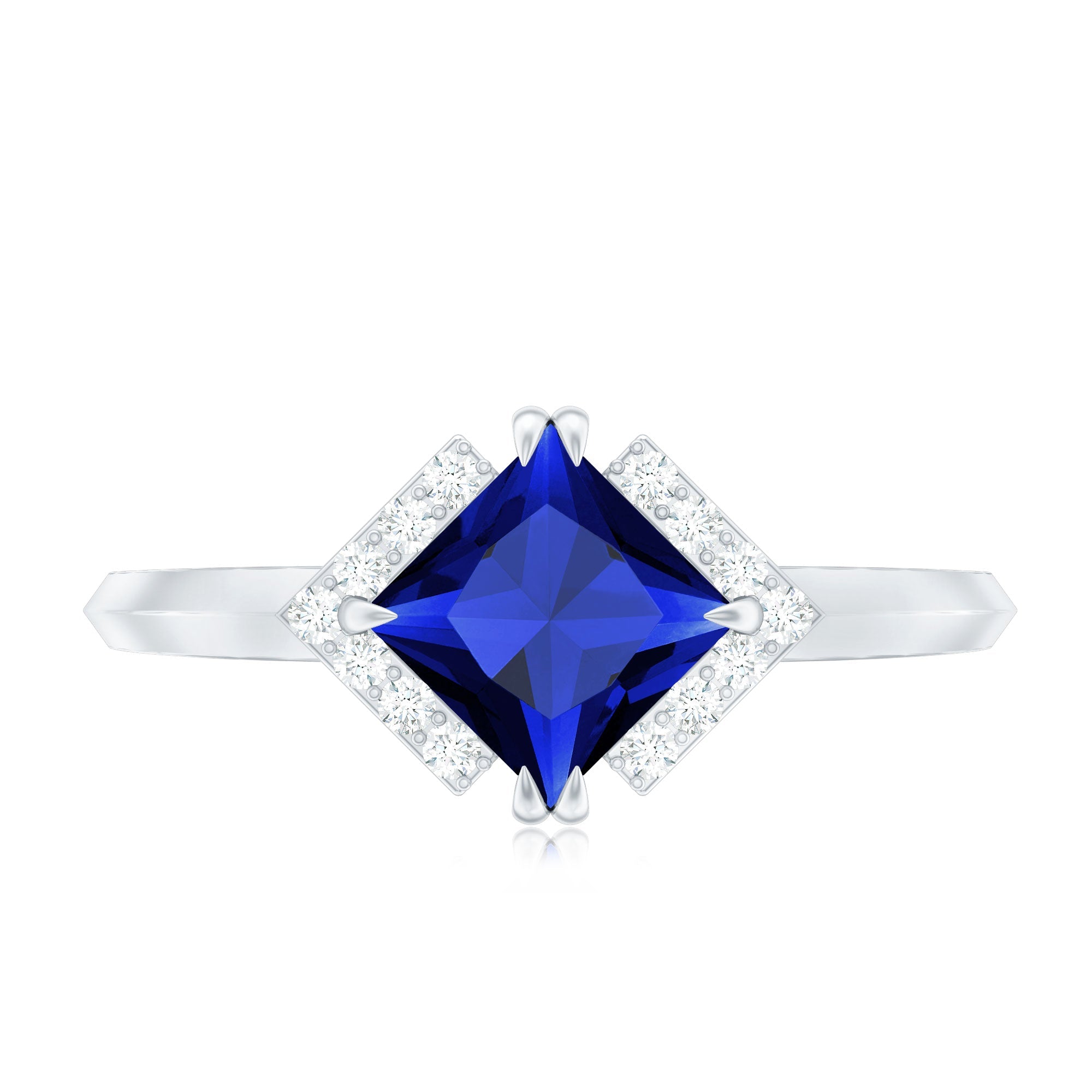 Princess Cut Created Blue Sapphire Simple Engagement Ring with Diamond