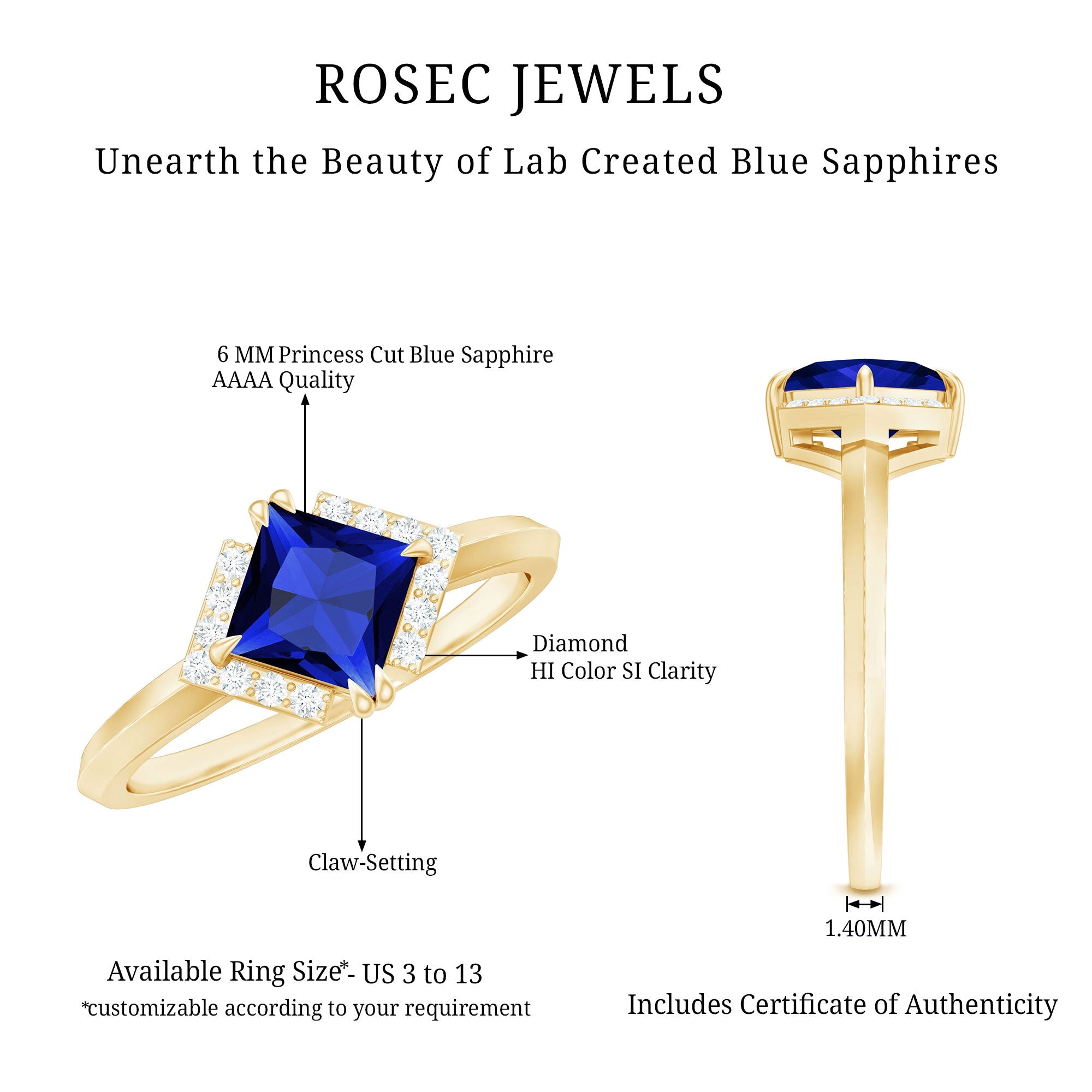 Princess Cut Created Blue Sapphire Simple Engagement Ring with Diamond