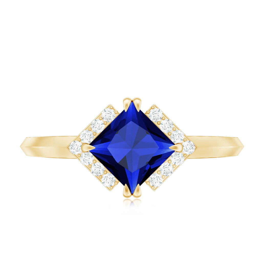 Princess Cut Created Blue Sapphire Simple Engagement Ring with Diamond