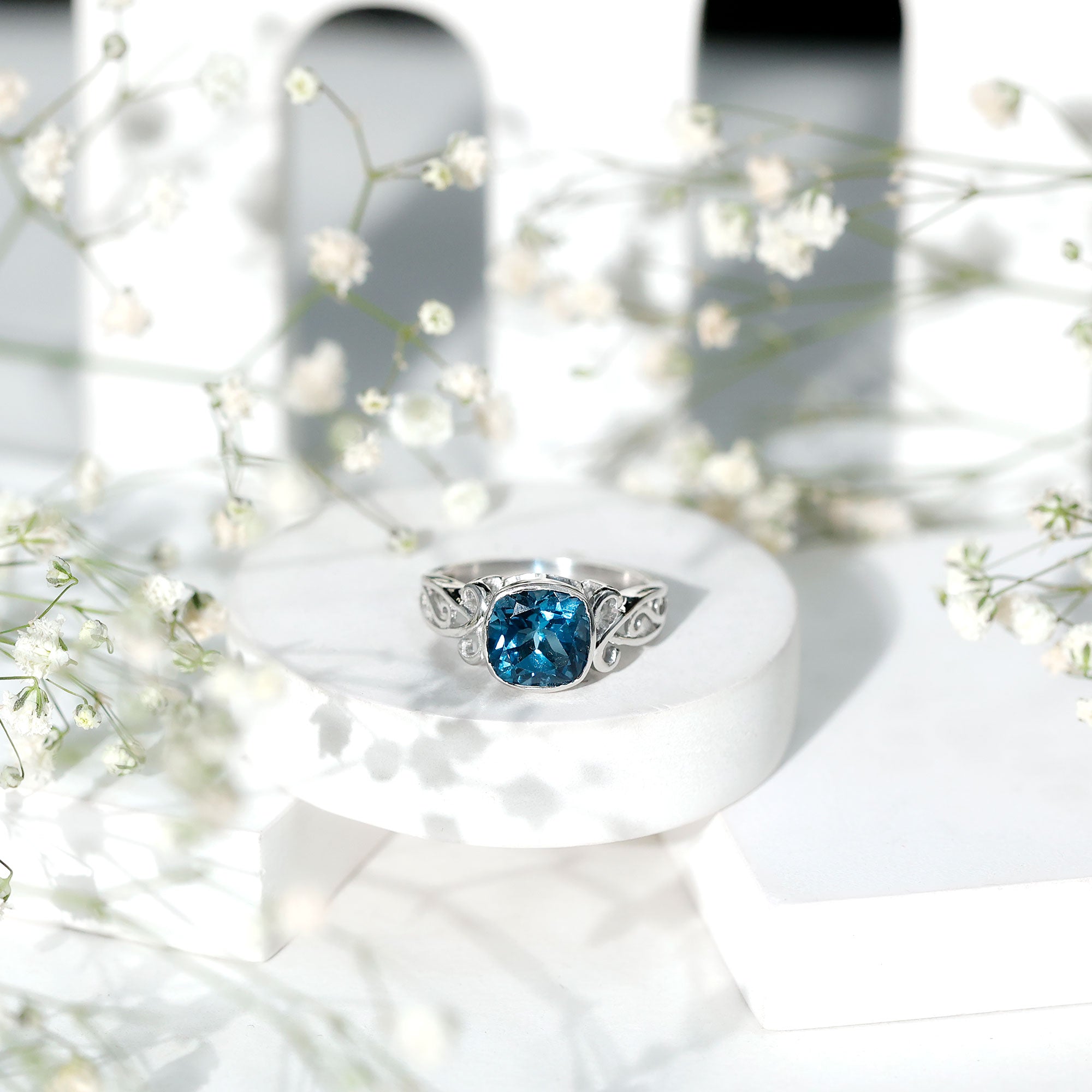8mm Cushion Cut London Blue Topaz Vintage Solitaire Ring