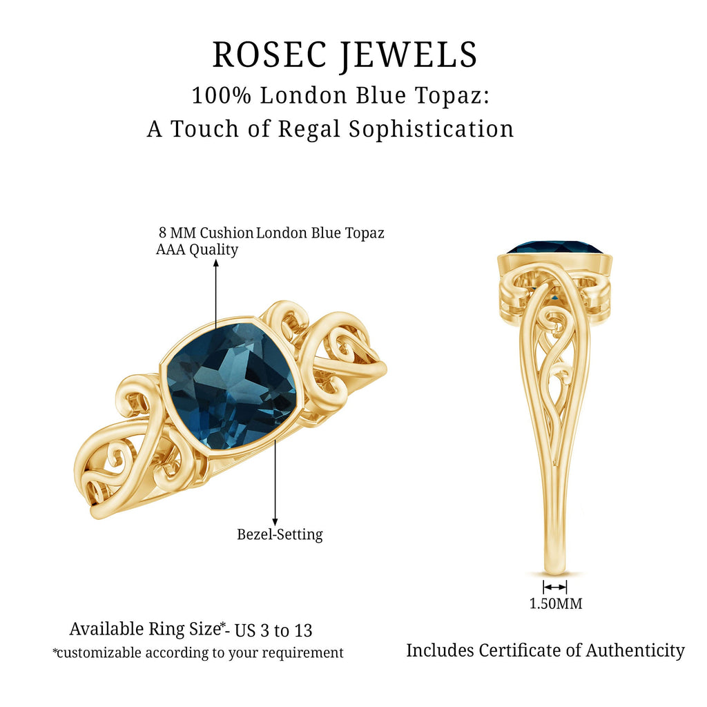 8mm Cushion Cut London Blue Topaz Vintage Solitaire Ring
