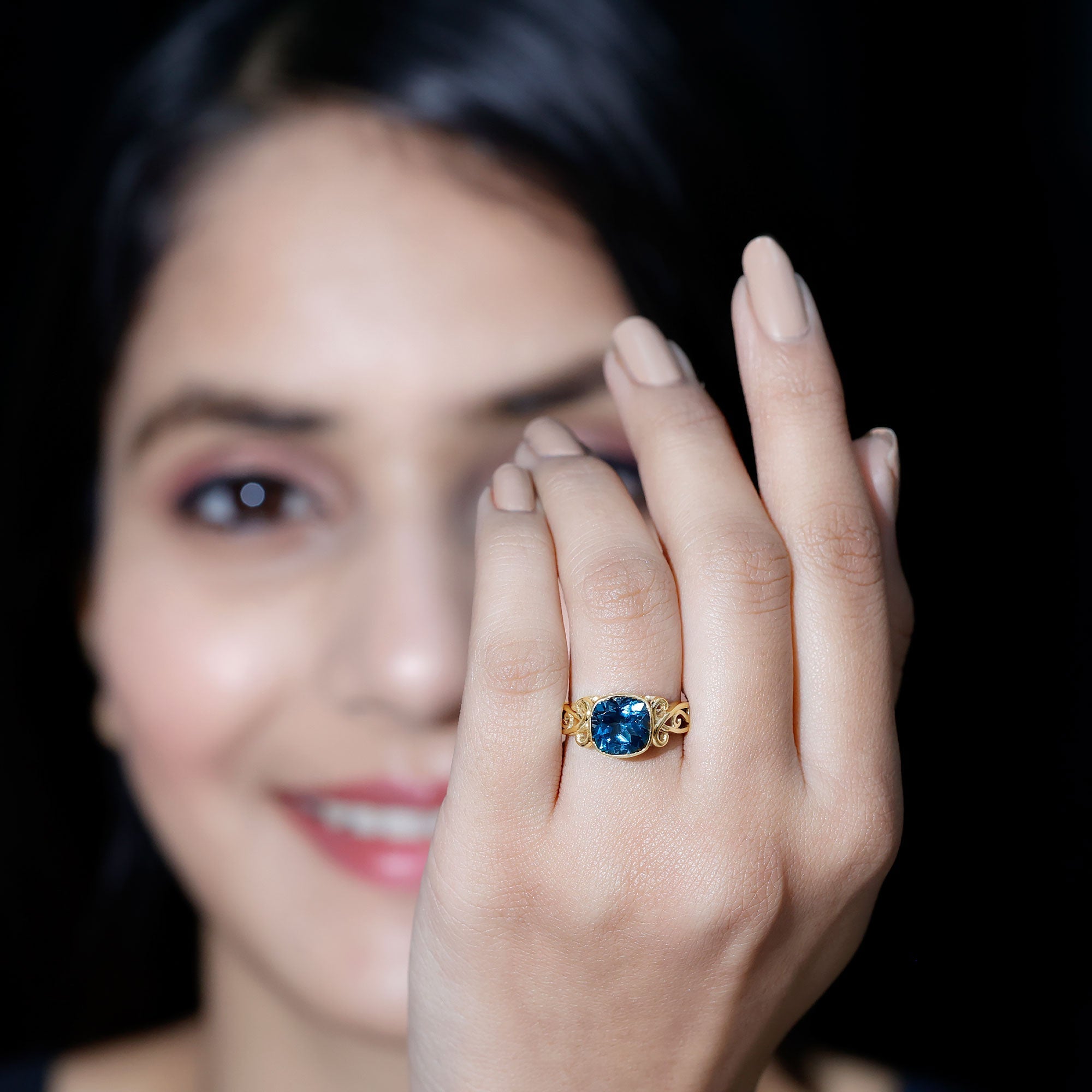 8mm Cushion Cut London Blue Topaz Vintage Solitaire Ring