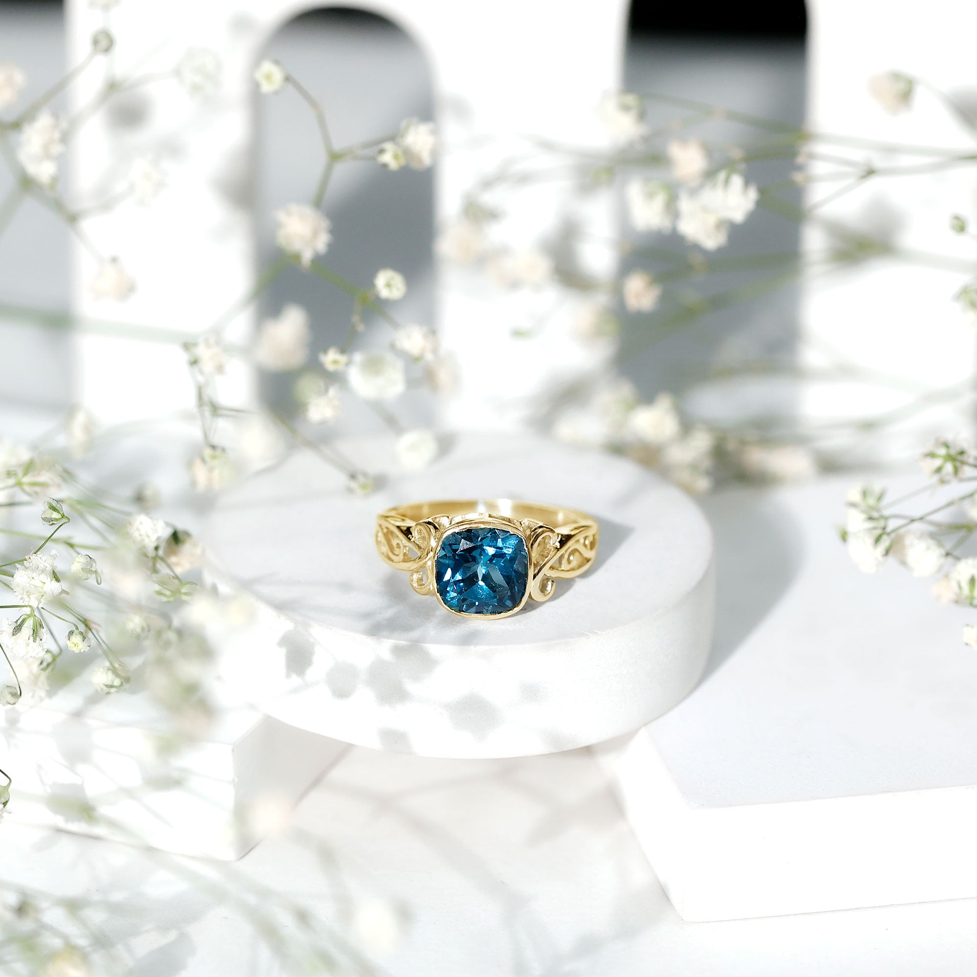 8mm Cushion Cut London Blue Topaz Vintage Solitaire Ring