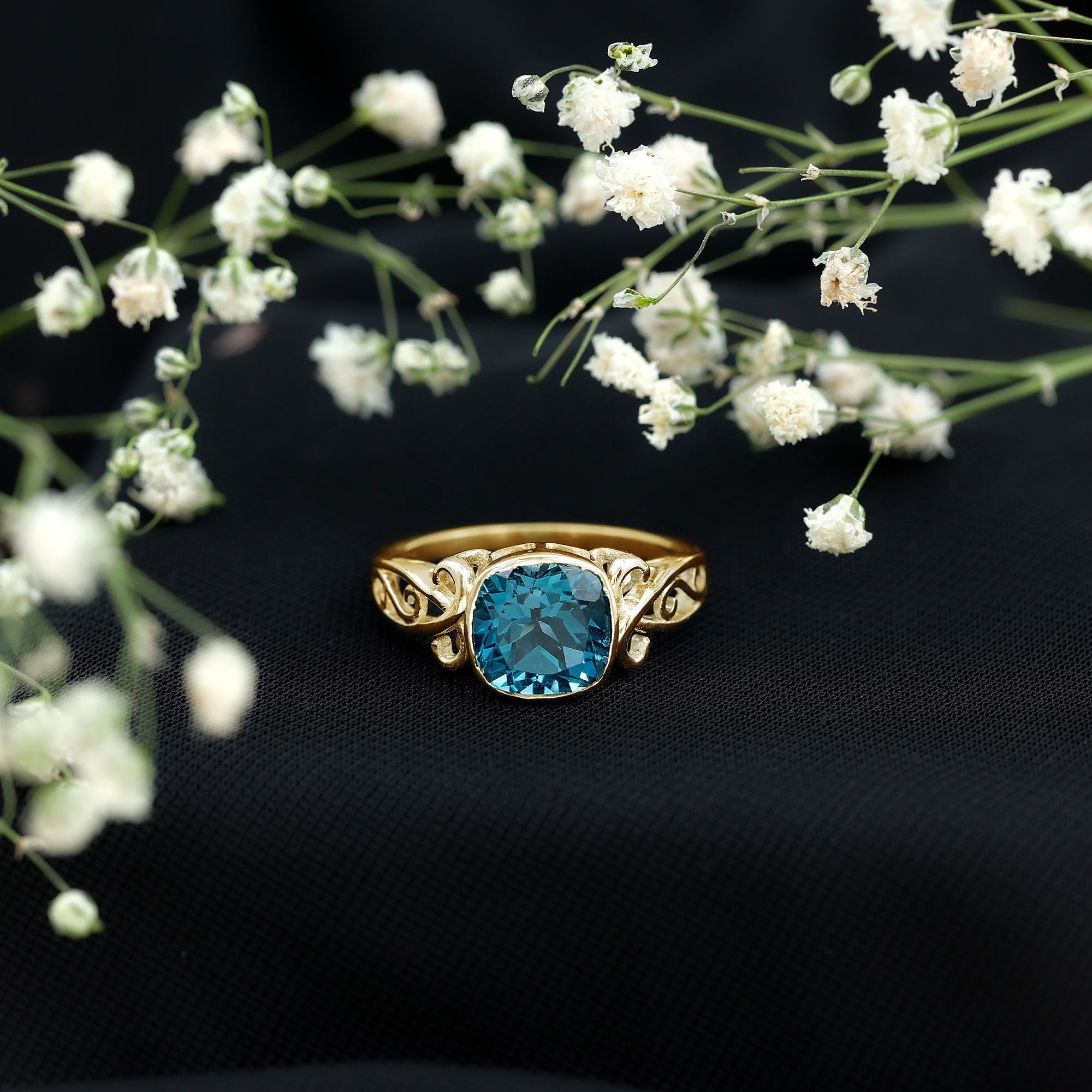 8mm Cushion Cut London Blue Topaz Vintage Solitaire Ring