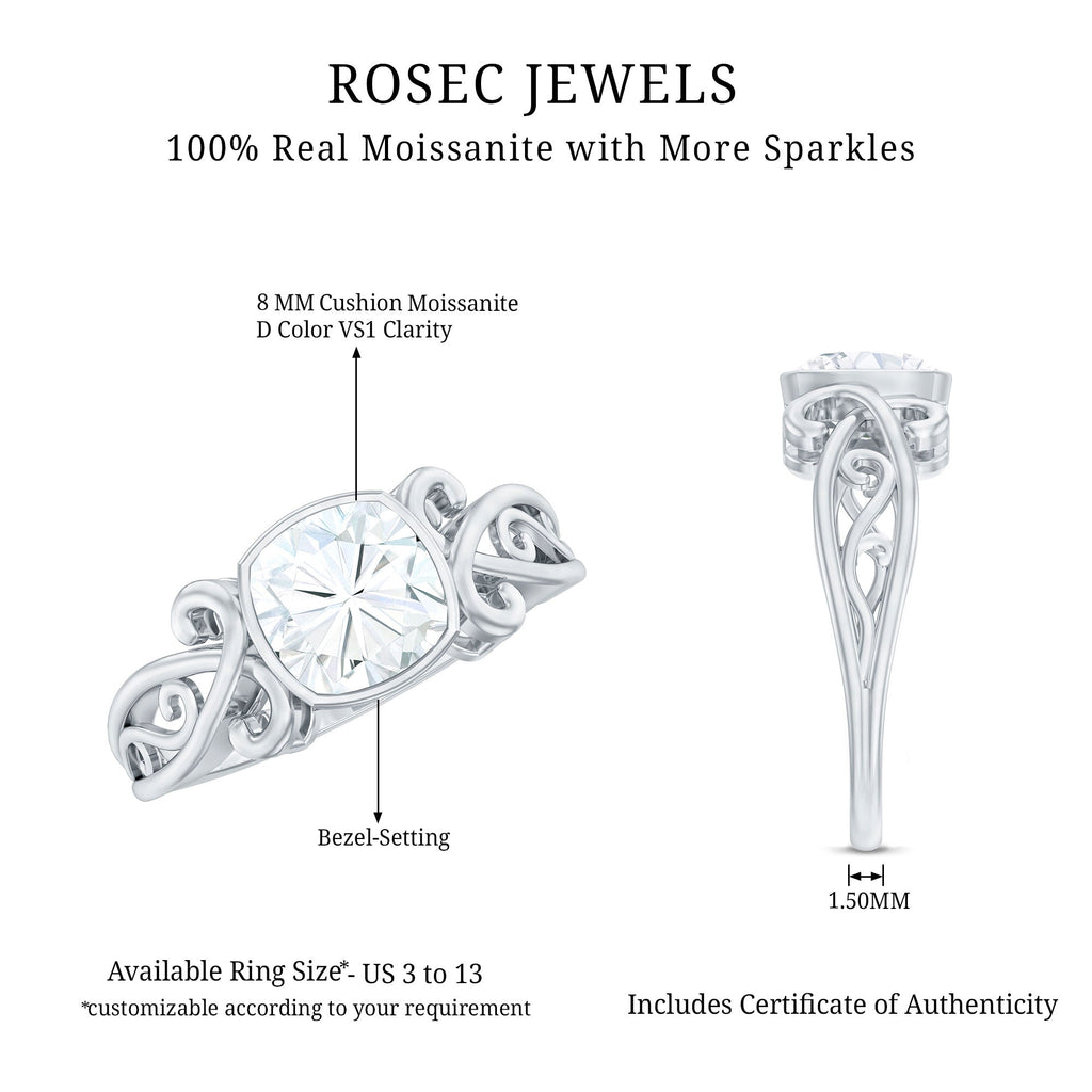 Vintage Style Cushion Moissanite Solitaire Ring in Bezel Setting