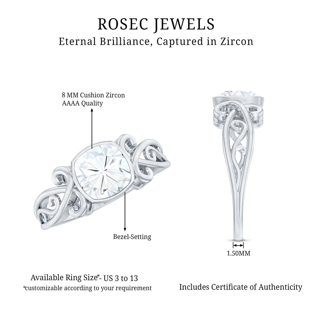 Cushion Cut Cubic Zirconia Vintage Inspired Solitaire Ring in Bezel Setting