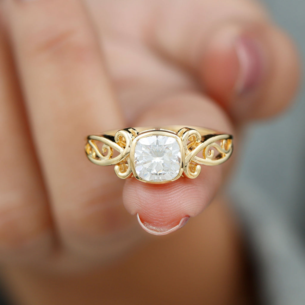 Cushion Cut Cubic Zirconia Vintage Inspired Solitaire Ring in Bezel Setting