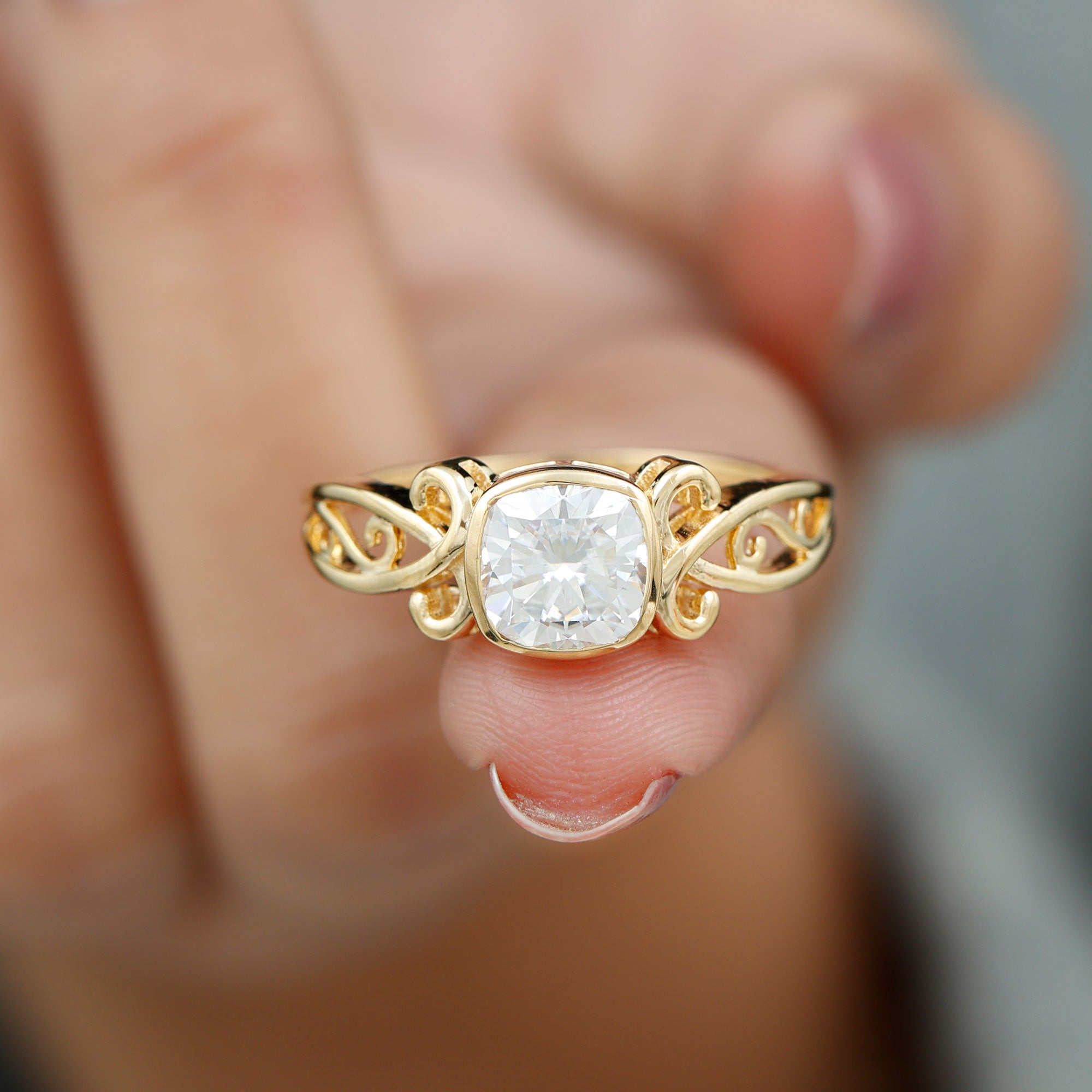 Cushion Cut Cubic Zirconia Vintage Inspired Solitaire Ring in Bezel Setting