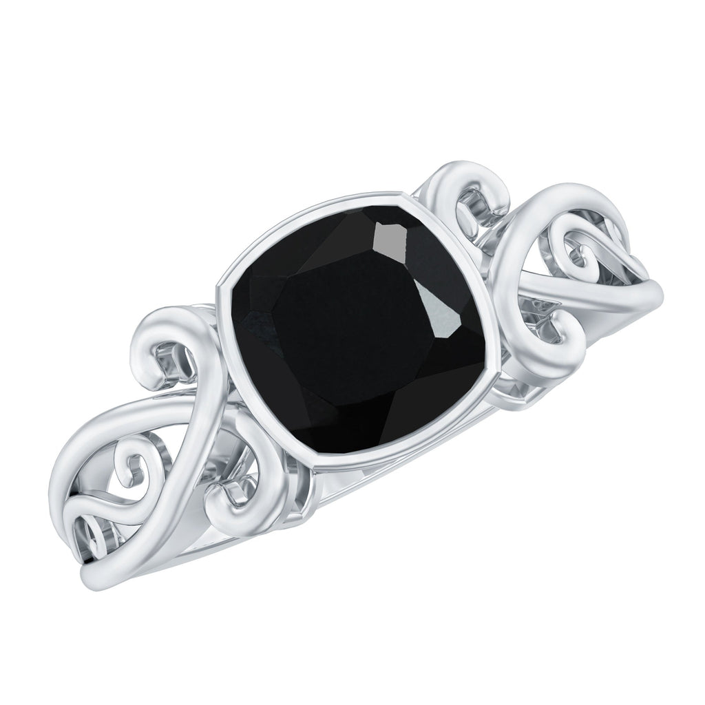 Vintage Style Cushion Created Black Diamond Solitaire Ring in Bezel Setting