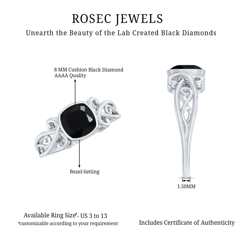 Vintage Style Cushion Created Black Diamond Solitaire Ring in Bezel Setting