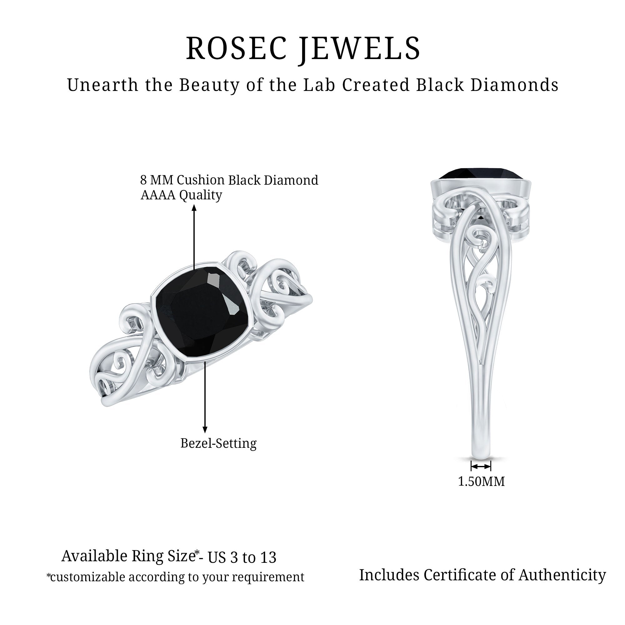Vintage Style Cushion Created Black Diamond Solitaire Ring in Bezel Setting