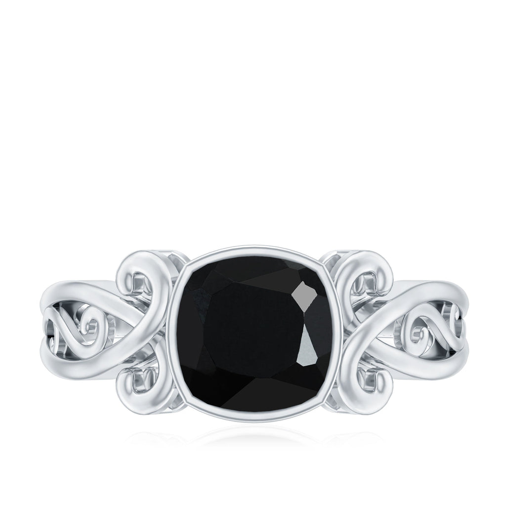 Vintage Style Cushion Created Black Diamond Solitaire Ring in Bezel Setting