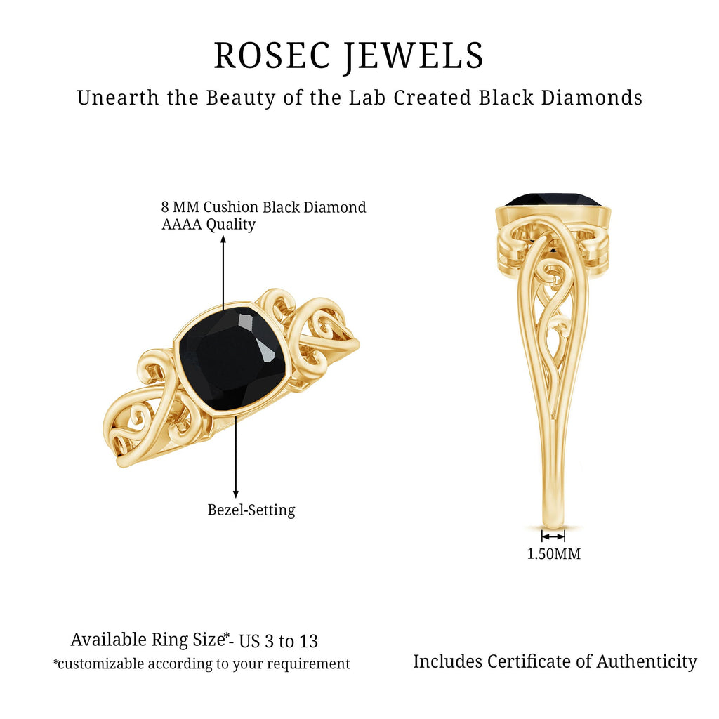 Vintage Style Cushion Created Black Diamond Solitaire Ring in Bezel Setting