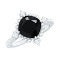1 CT Cushion Black Spinel Solitaire Engagement Ring with Diamond Side Stones
