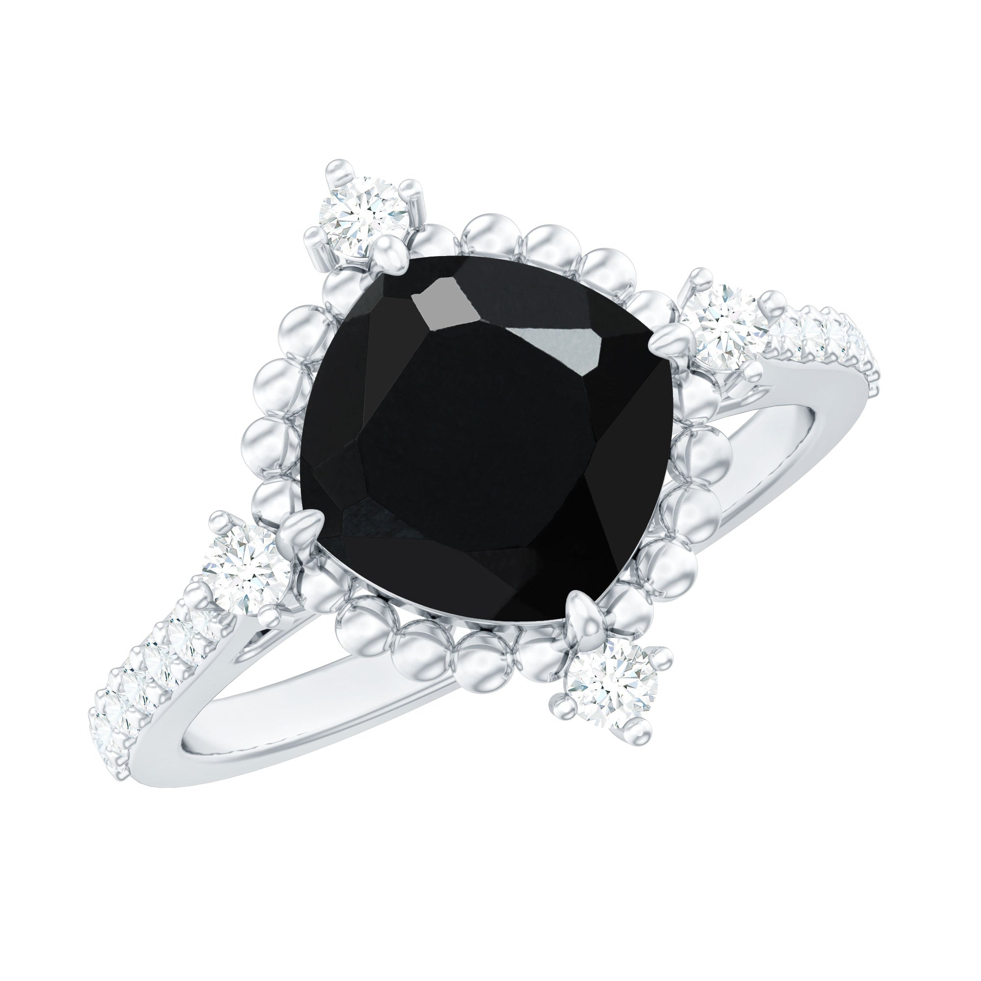 1 CT Cushion Black Spinel Solitaire Engagement Ring with Diamond Side Stones
