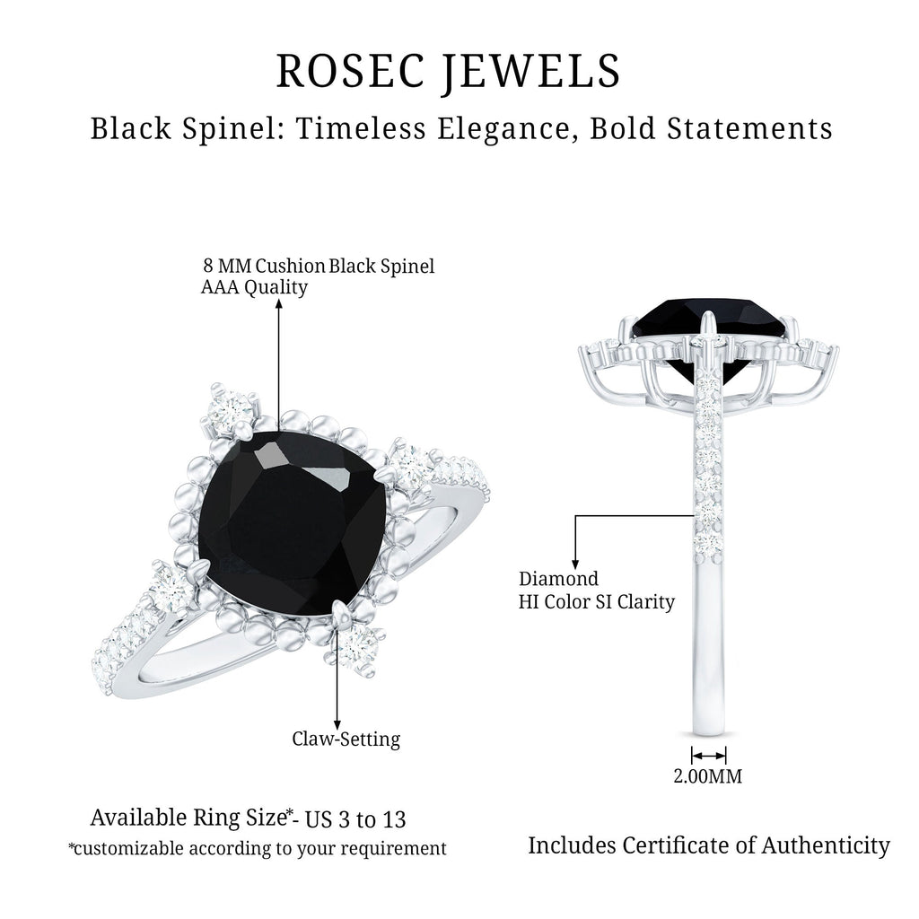 1 CT Cushion Black Spinel Solitaire Engagement Ring with Diamond Side Stones