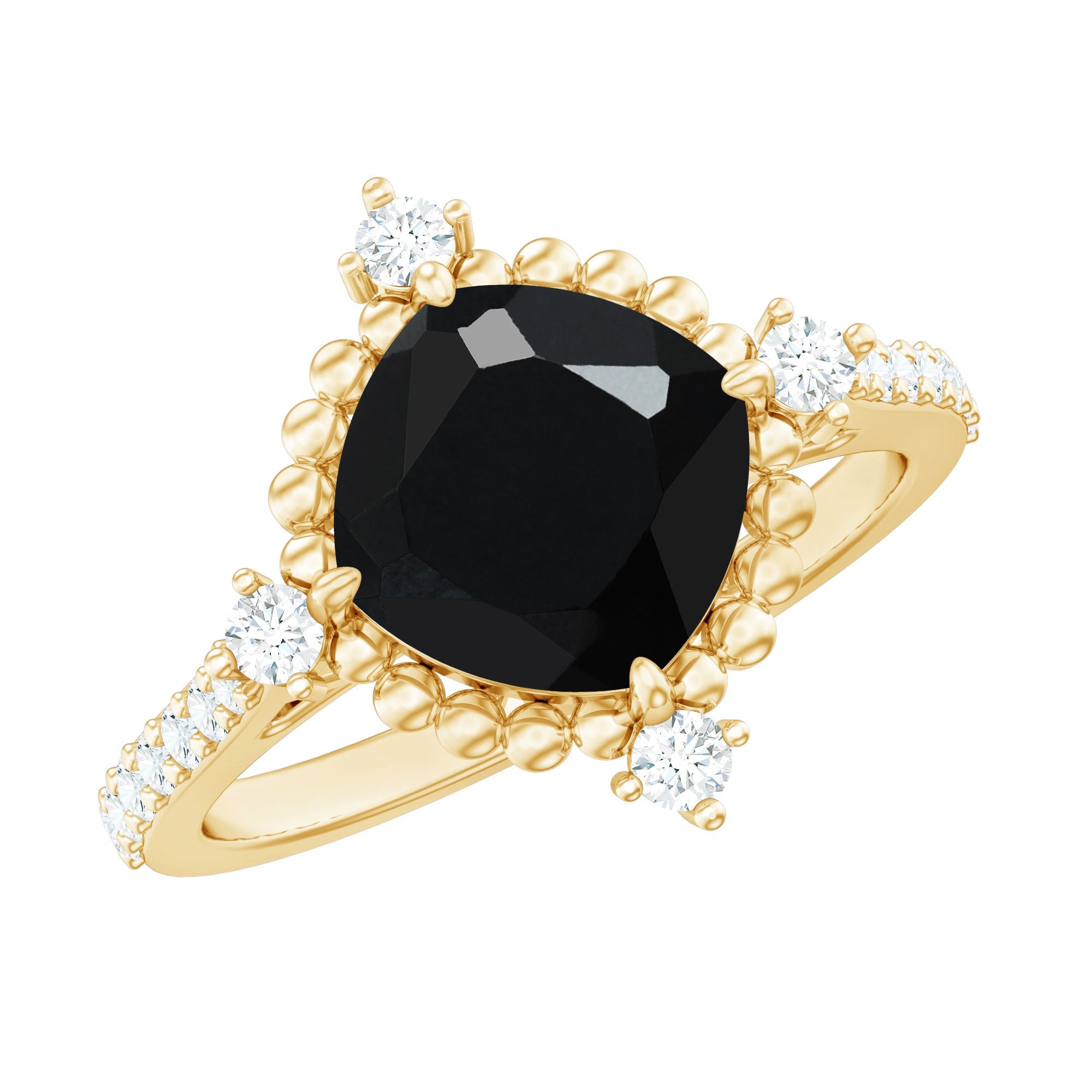 1 CT Cushion Black Spinel Solitaire Engagement Ring with Diamond Side Stones