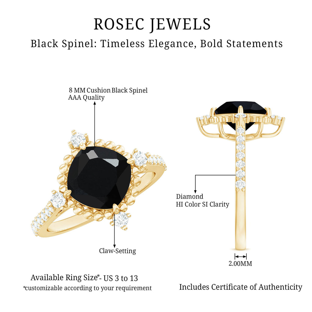 1 CT Cushion Black Spinel Solitaire Engagement Ring with Diamond Side Stones