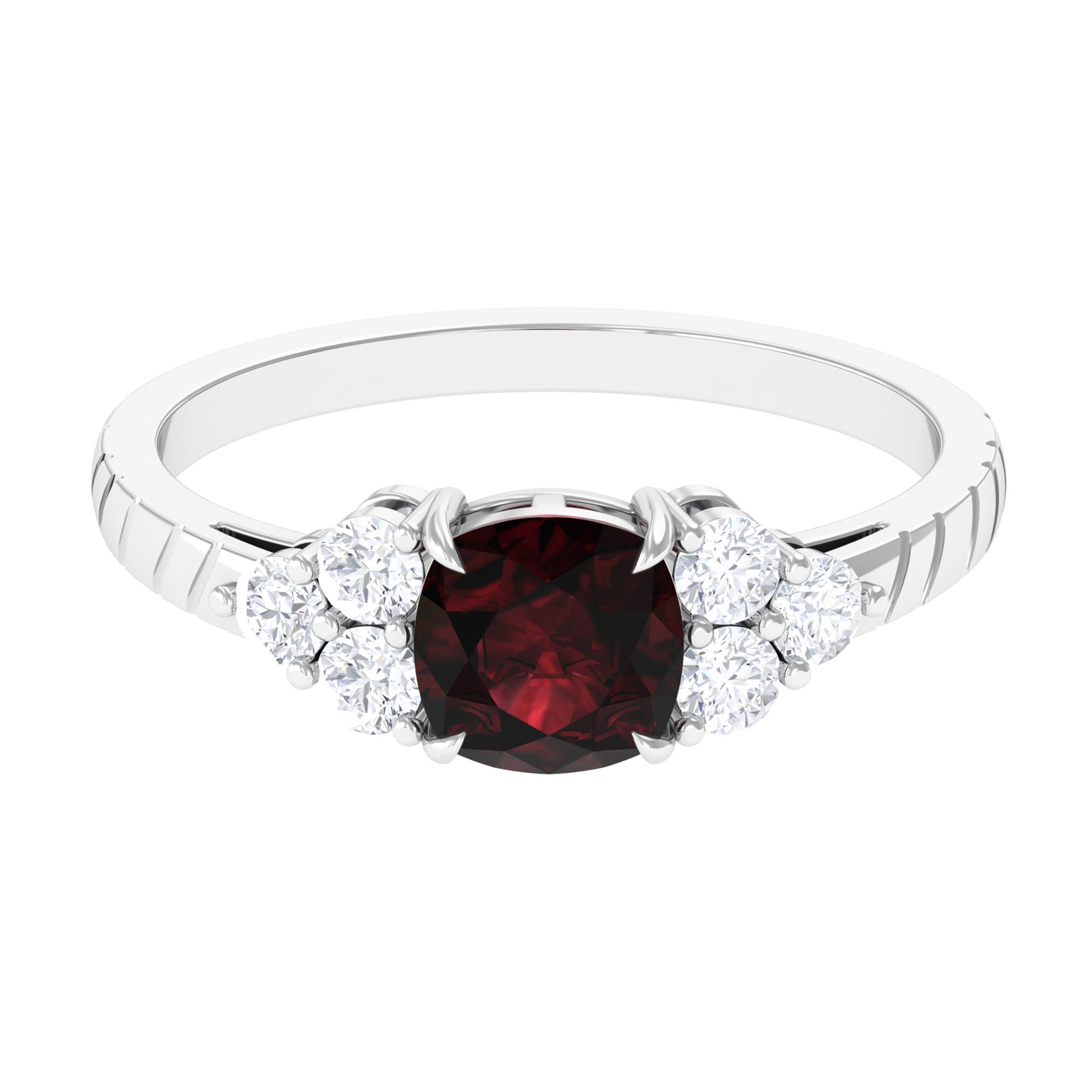 Natural 8mm Garnet Cushion Cut Engagement Ring with Diamond Trio