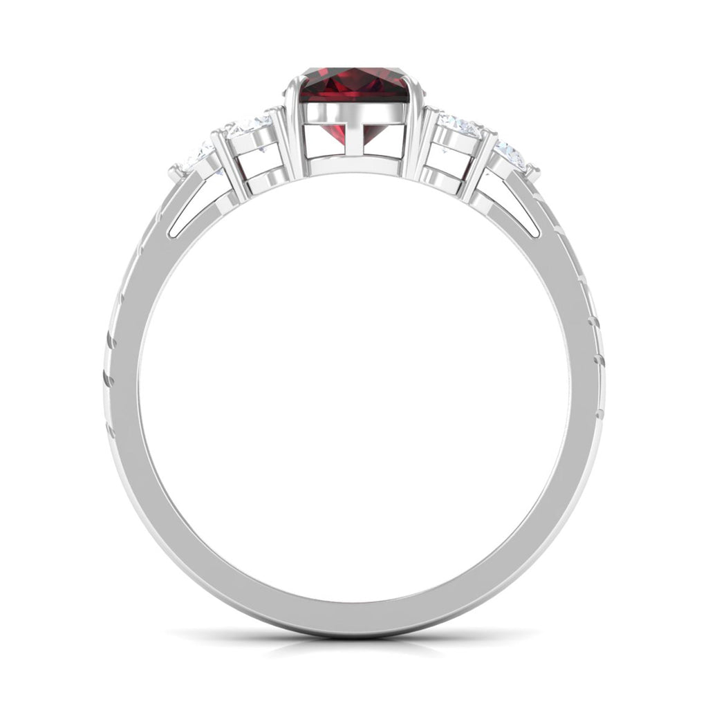 Natural 8mm Garnet Cushion Cut Engagement Ring with Diamond Trio