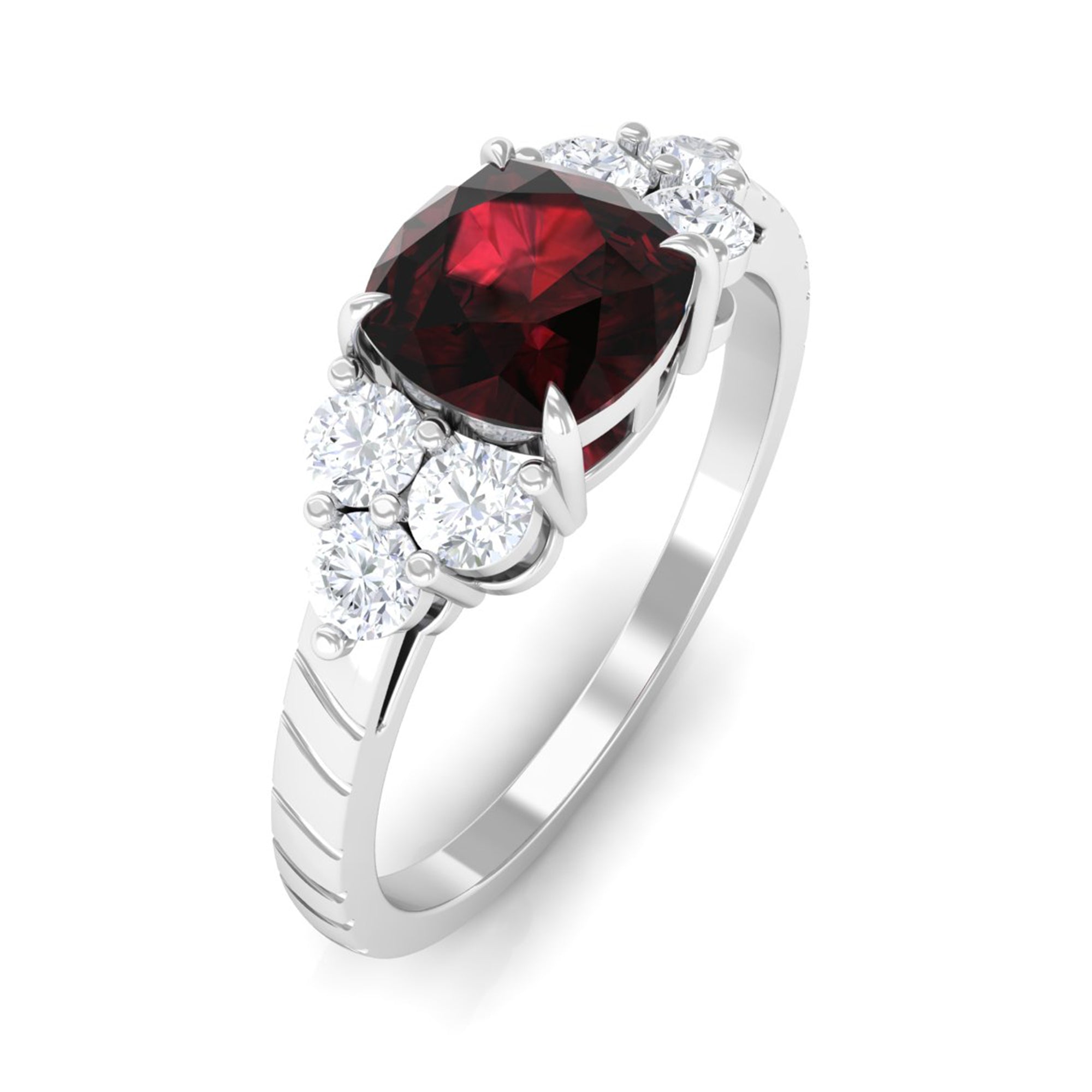 Natural 8mm Garnet Cushion Cut Engagement Ring with Diamond Trio