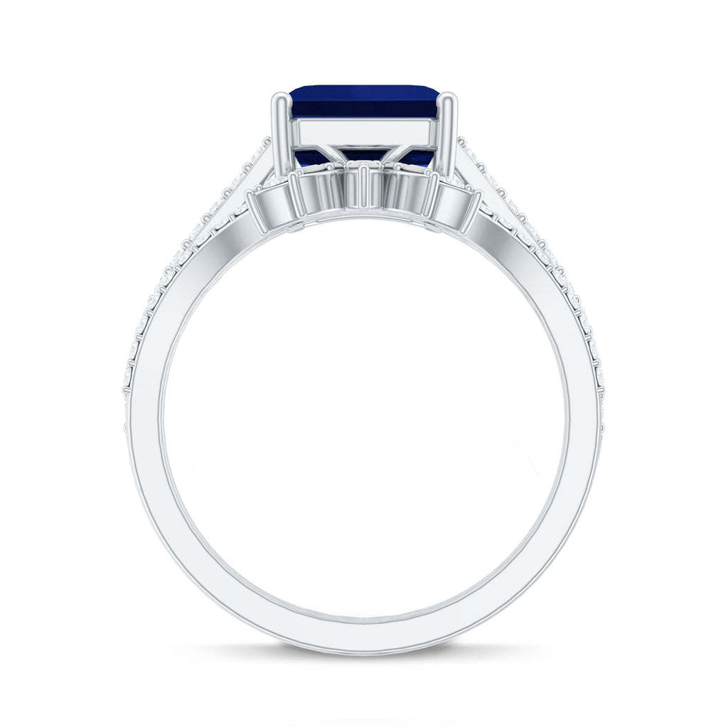 Asscher Cut Created Blue Sapphire Solitaire Wedding Ring Set with Diamond Accent