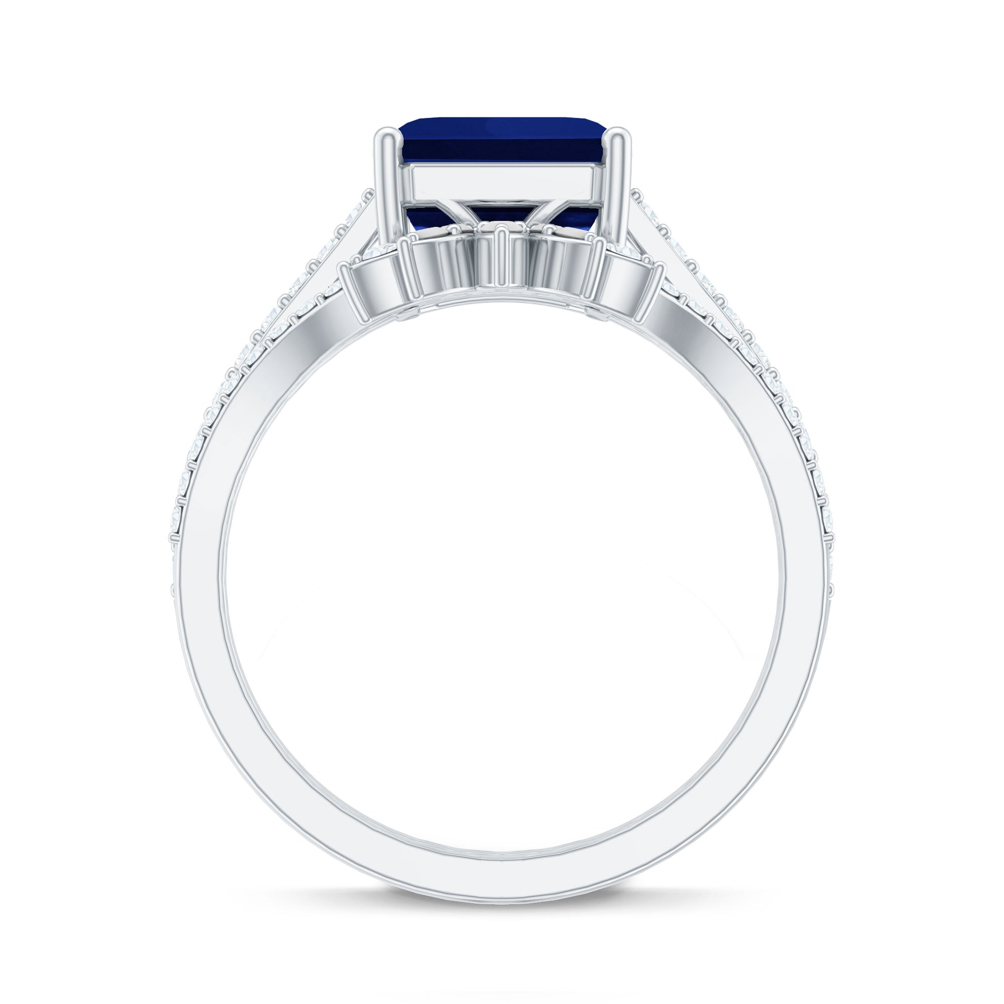 Asscher Cut Created Blue Sapphire Solitaire Wedding Ring Set with Diamond Accent