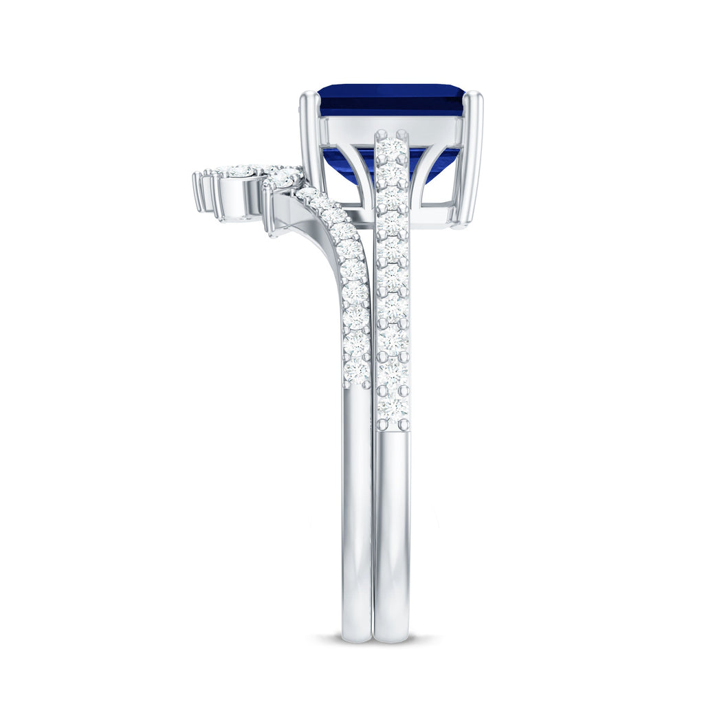 Asscher Cut Created Blue Sapphire Solitaire Wedding Ring Set with Diamond Accent