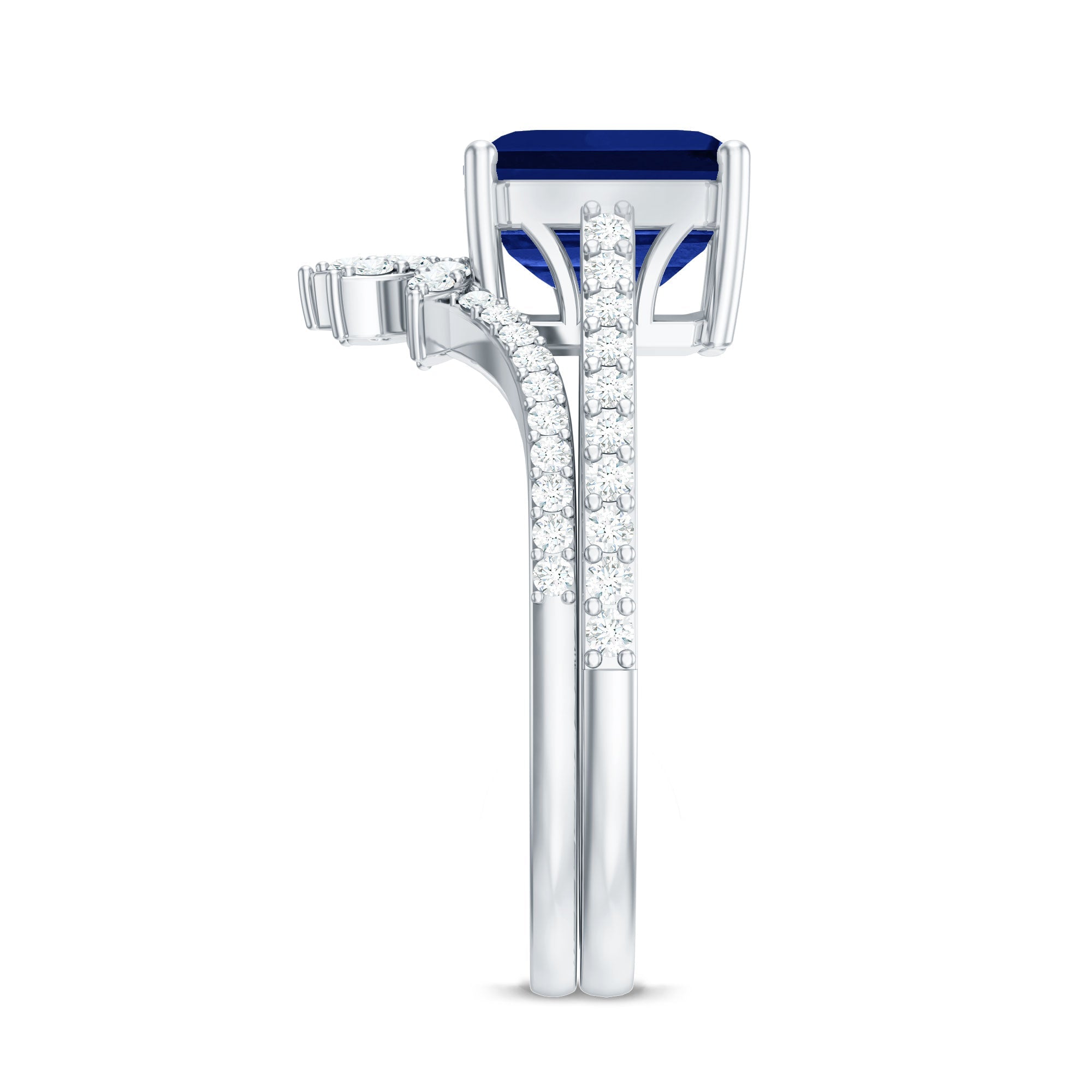 Asscher Cut Created Blue Sapphire Solitaire Wedding Ring Set with Diamond Accent