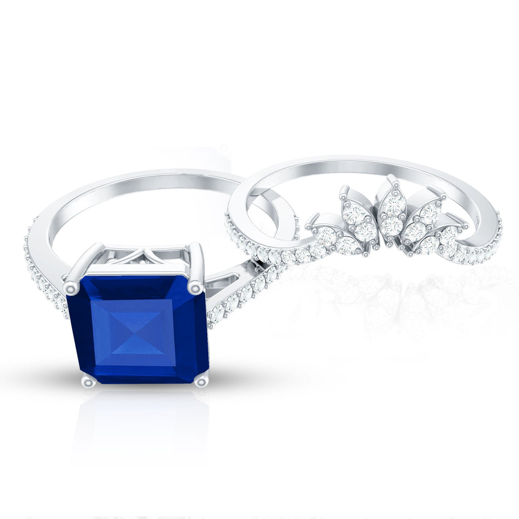 Asscher Cut Created Blue Sapphire Solitaire Wedding Ring Set with Diamond Accent