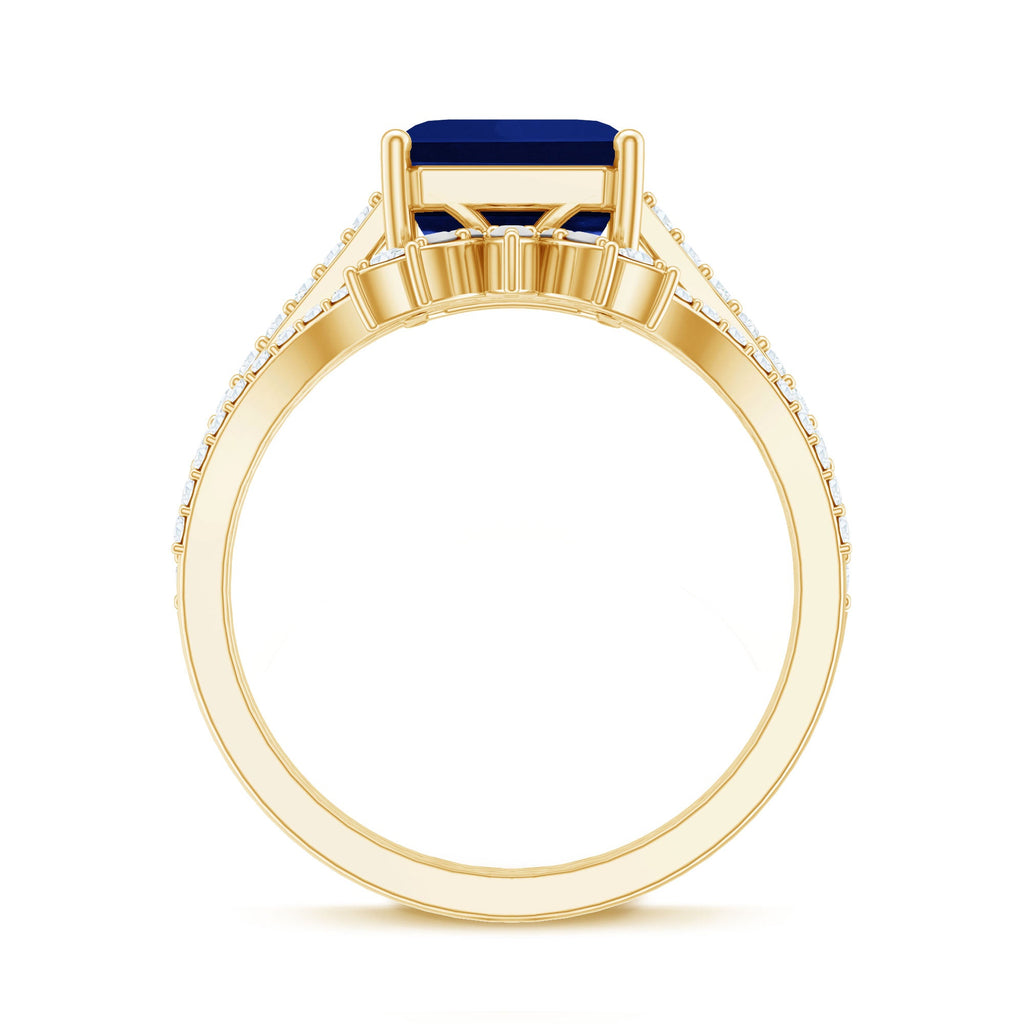 Asscher Cut Created Blue Sapphire Solitaire Wedding Ring Set with Diamond Accent