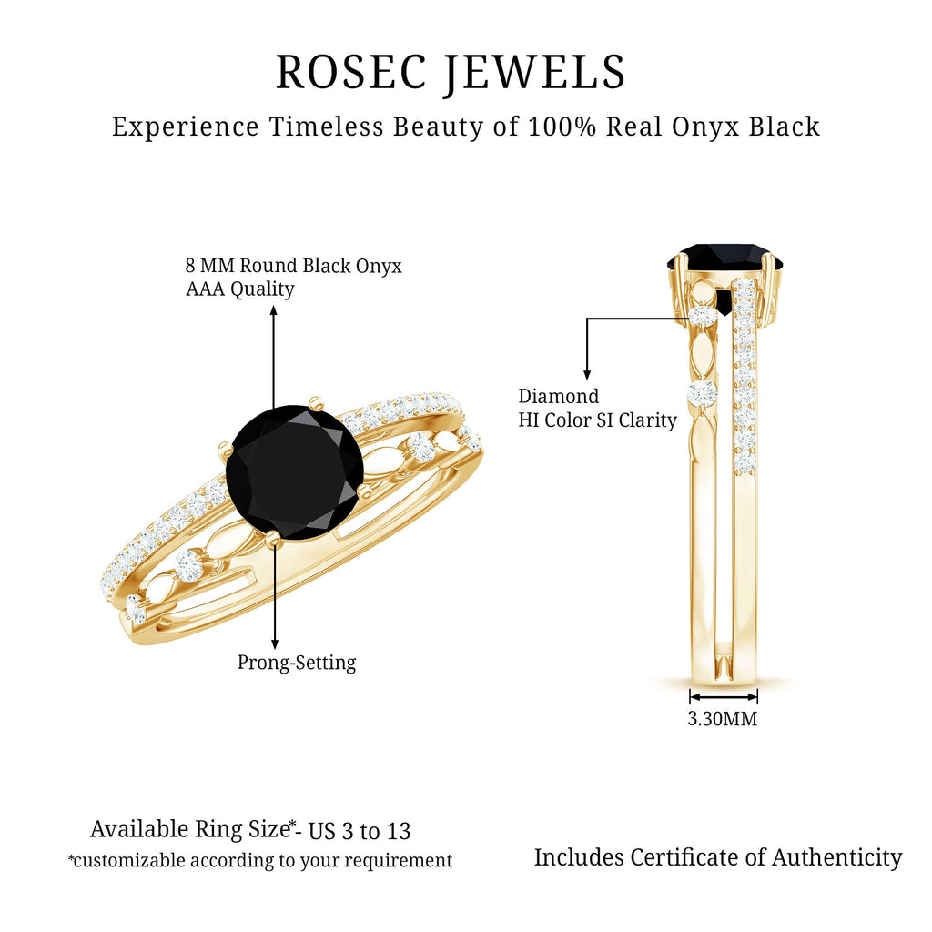 8mm Round Black Onyx and Diamond Promise Engagement Double Band Ring