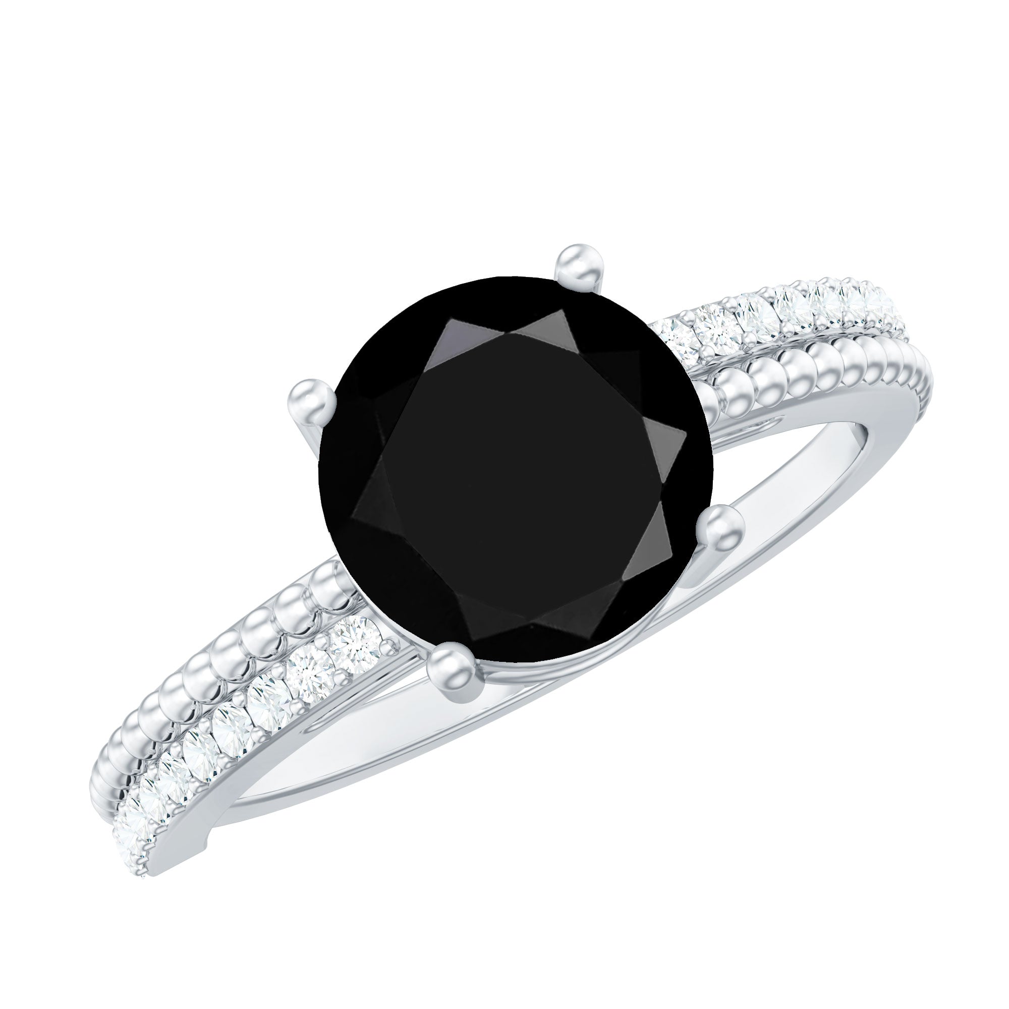 Round Shape Solitaire Created Black Diamond and Diamond Ring with Side Stones
