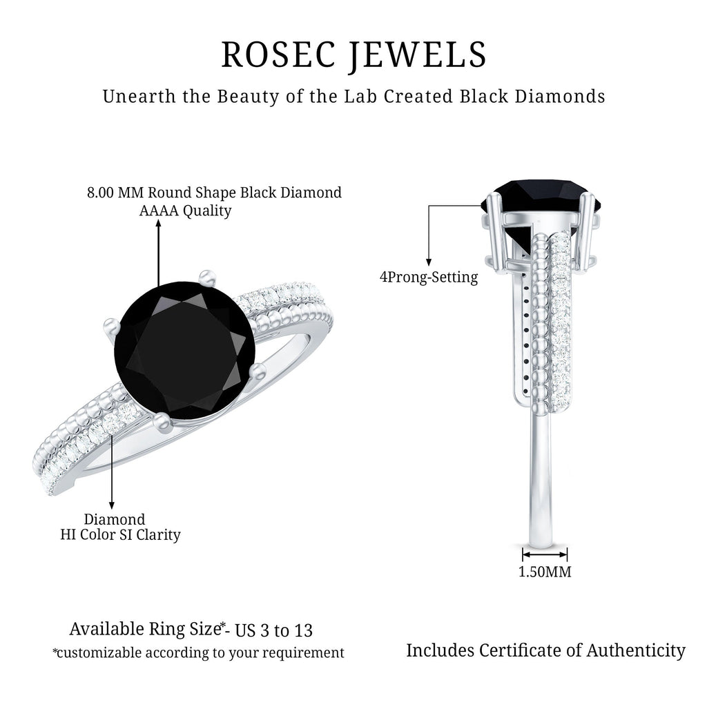 Round Shape Solitaire Created Black Diamond and Diamond Ring with Side Stones