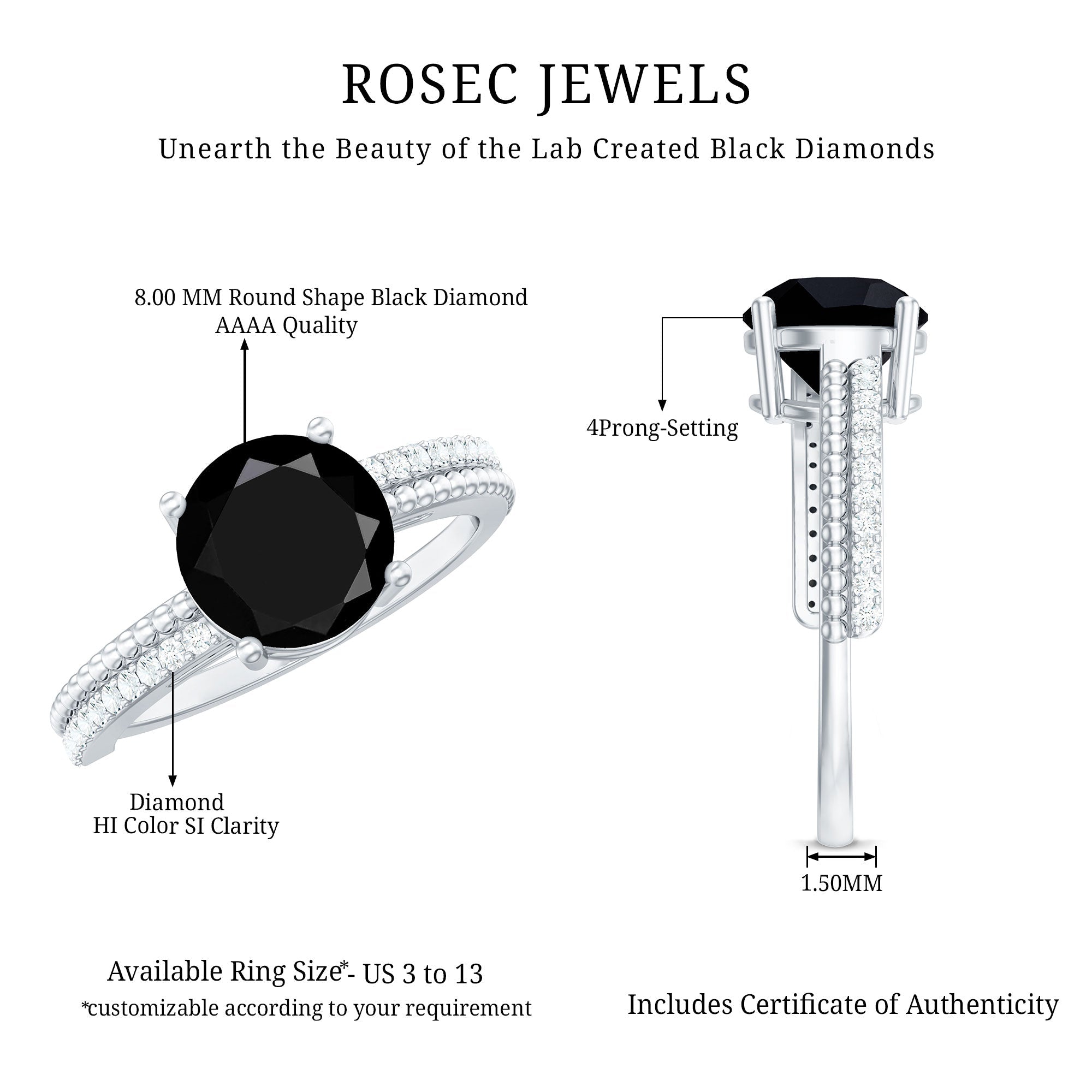 Round Shape Solitaire Created Black Diamond and Diamond Ring with Side Stones