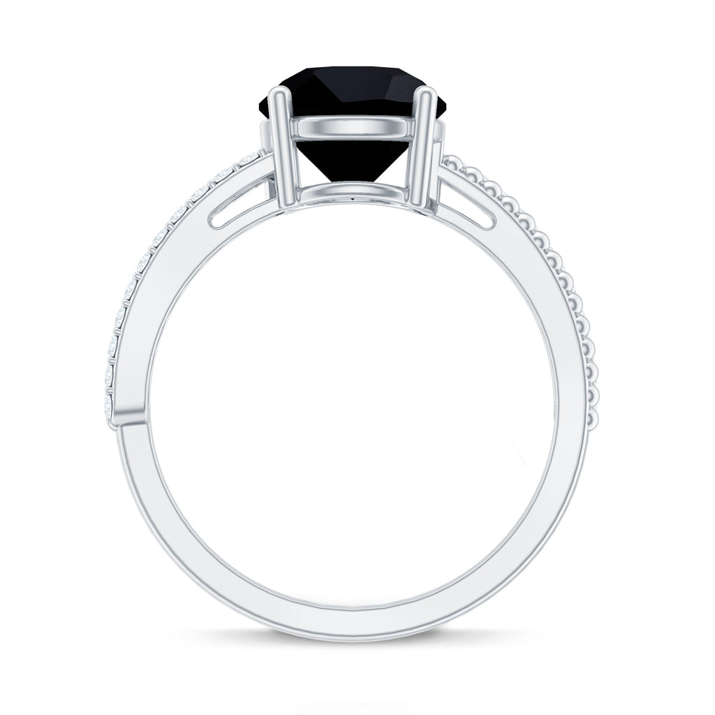 Round Shape Solitaire Created Black Diamond and Diamond Ring with Side Stones