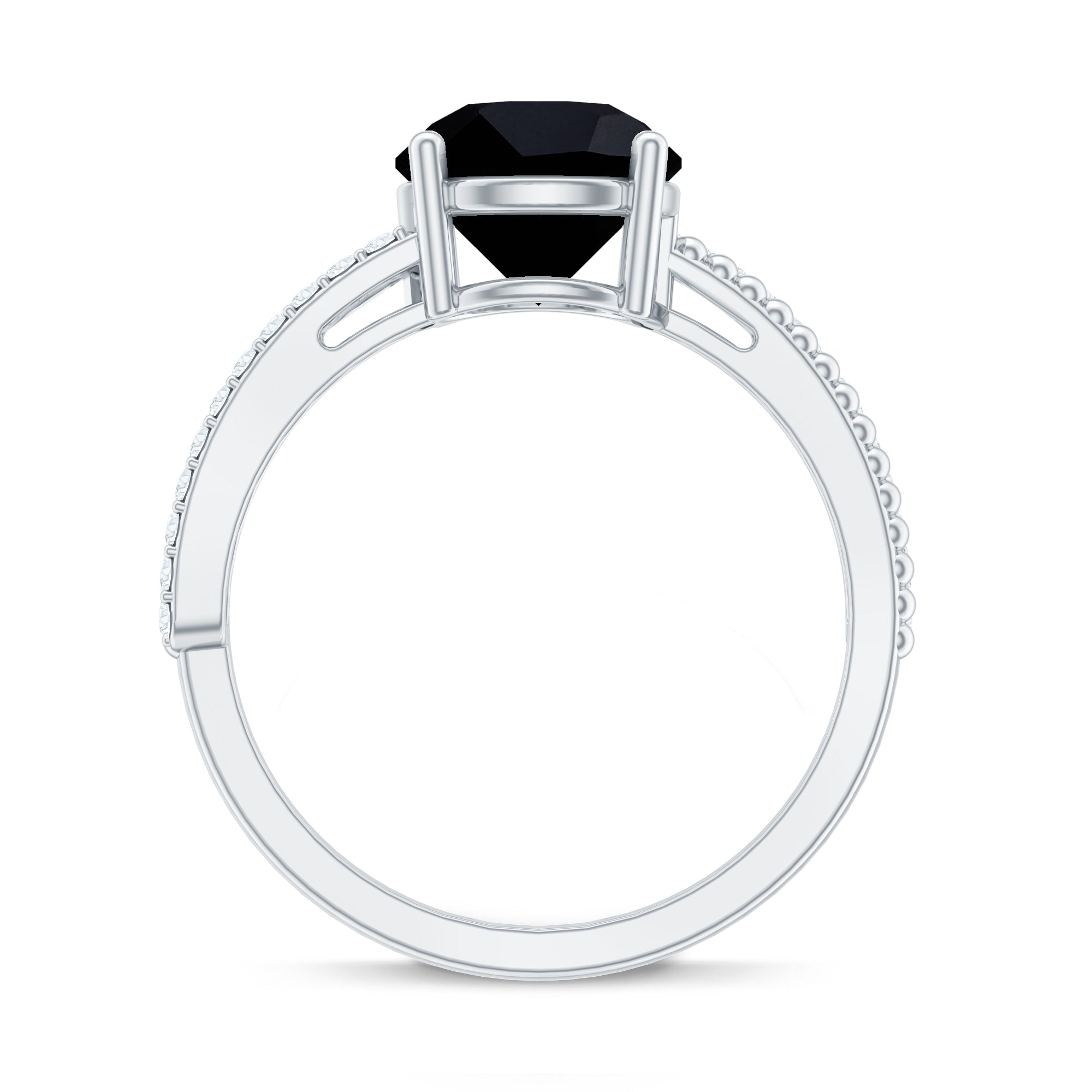 Round Shape Solitaire Created Black Diamond and Diamond Ring with Side Stones