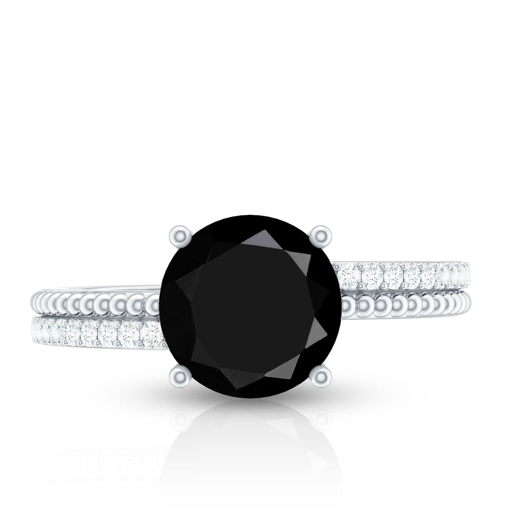 Round Shape Solitaire Created Black Diamond and Diamond Ring with Side Stones