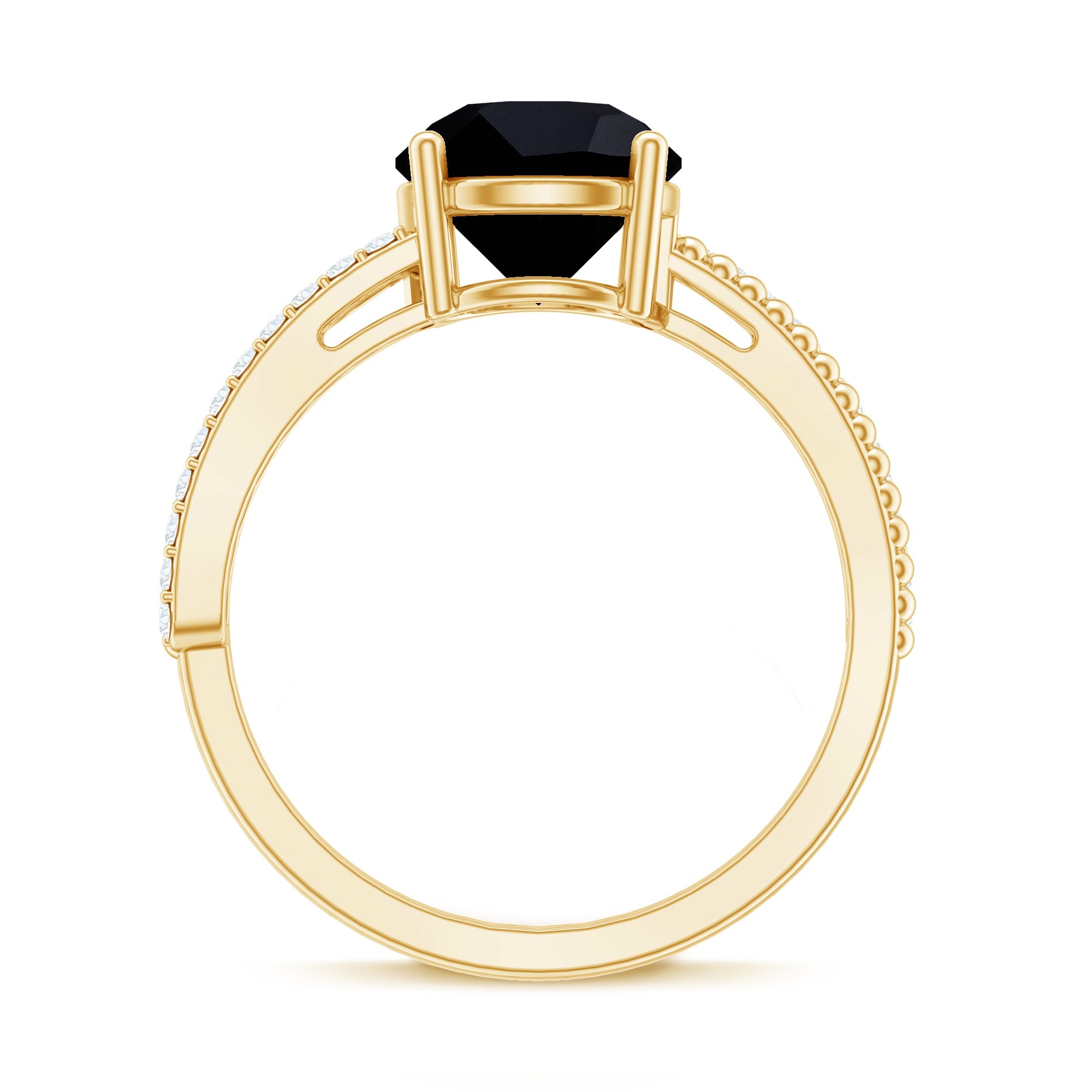 Round Shape Solitaire Created Black Diamond and Diamond Ring with Side Stones