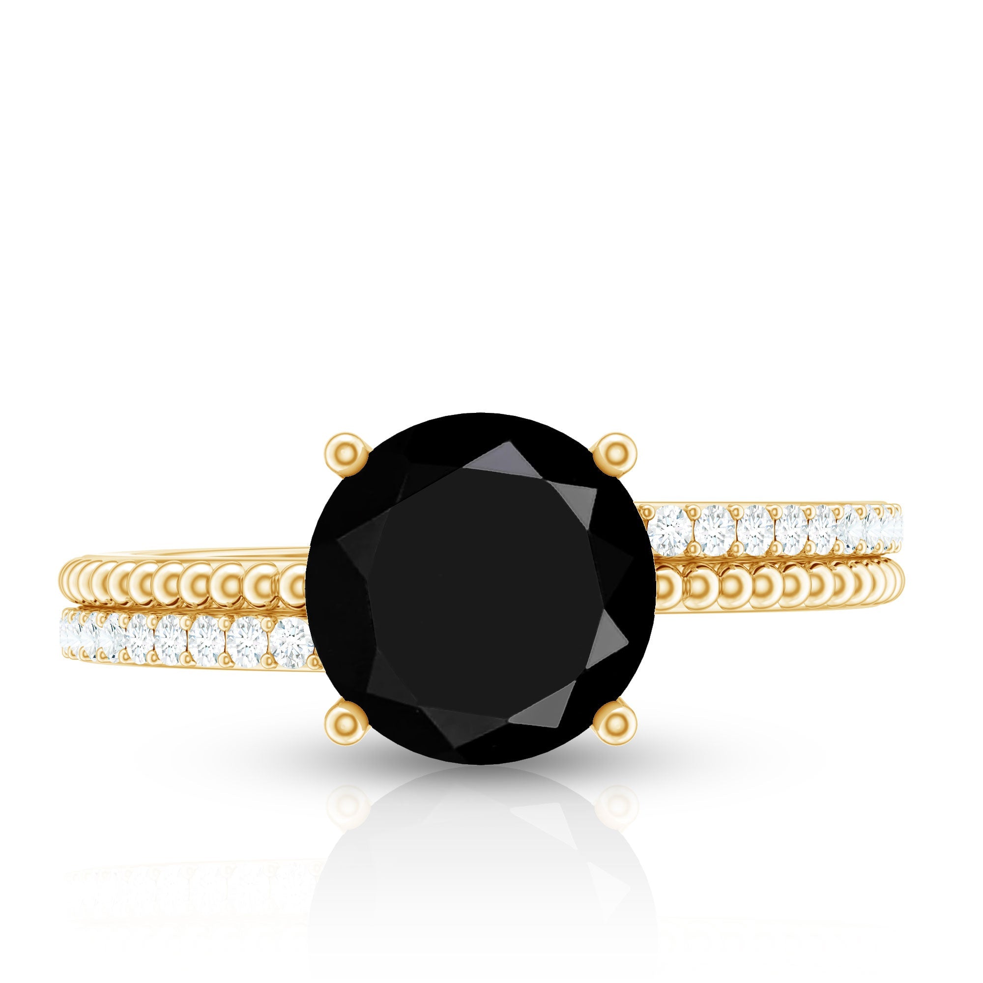 Round Shape Solitaire Created Black Diamond and Diamond Ring with Side Stones