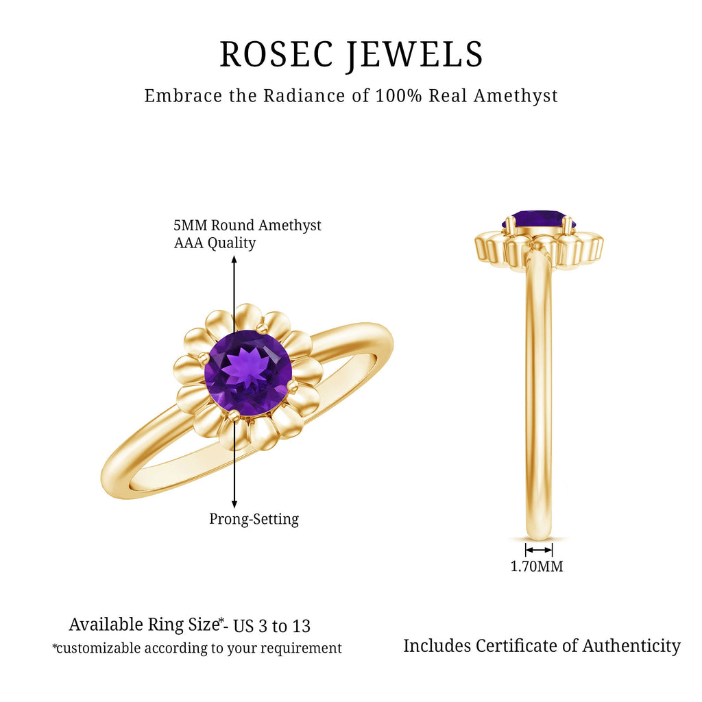 Round Cut Solitaire Amethyst Flower Ring