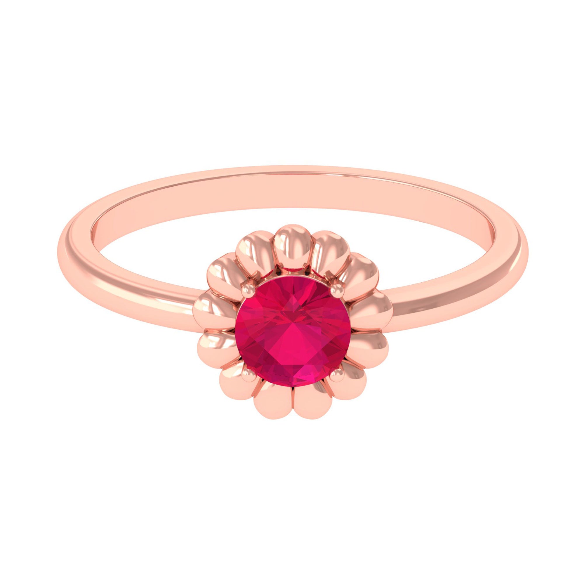 3/4 CT Round Cut Solitaire Ruby Gold Flower Ring