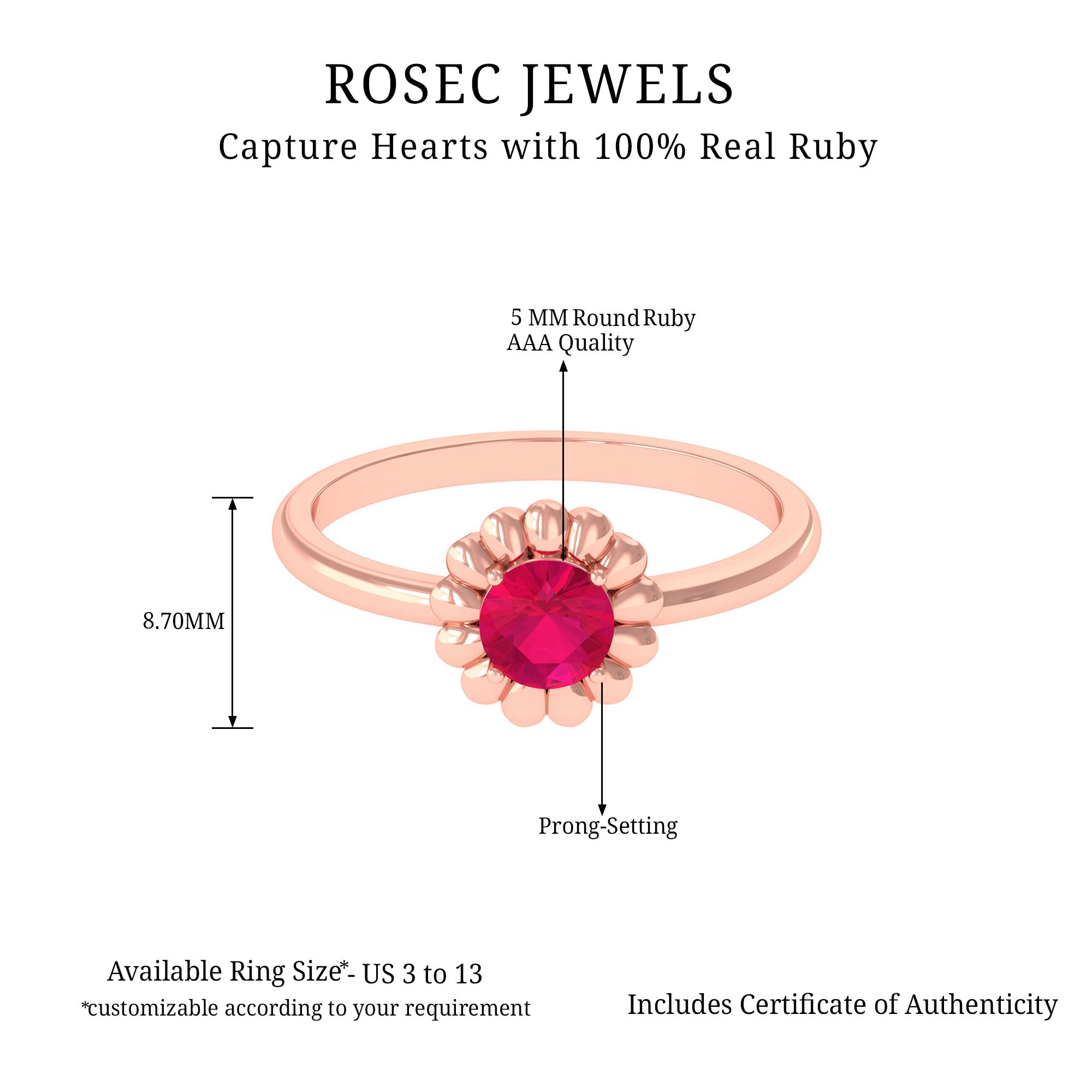 3/4 CT Round Cut Solitaire Ruby Gold Flower Ring