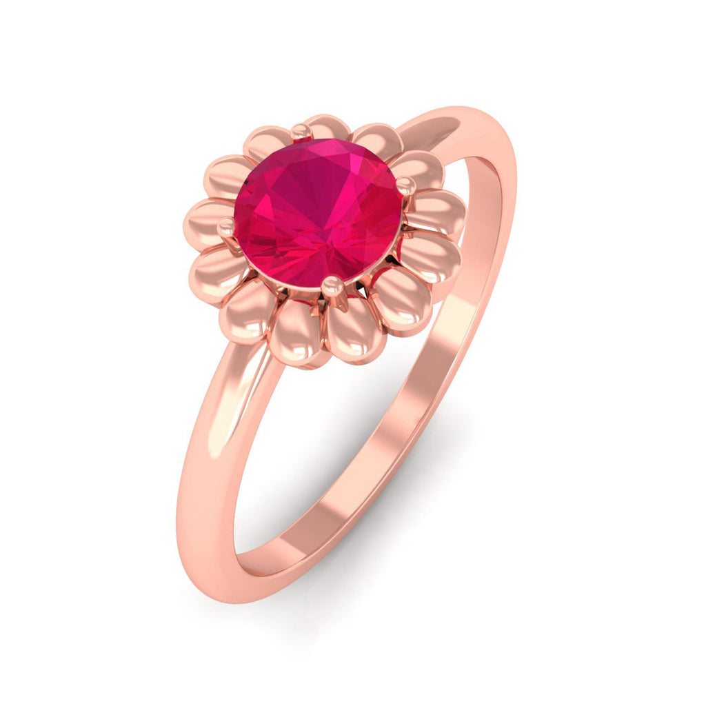 3/4 CT Round Cut Solitaire Ruby Gold Flower Ring