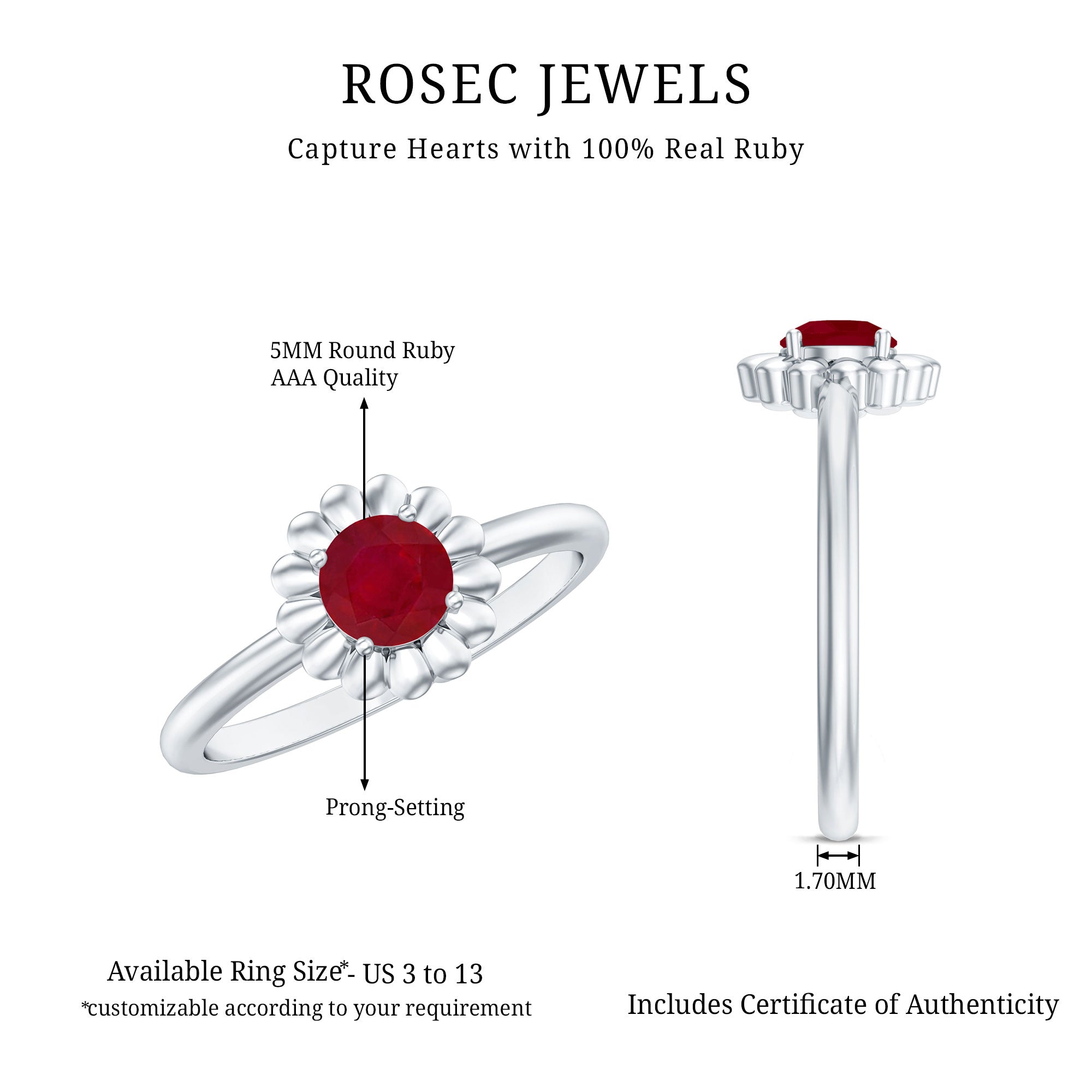 3/4 CT Round Cut Solitaire Ruby Gold Flower Ring
