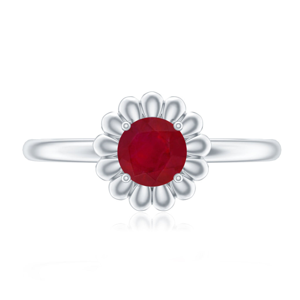 3/4 CT Round Cut Solitaire Ruby Gold Flower Ring