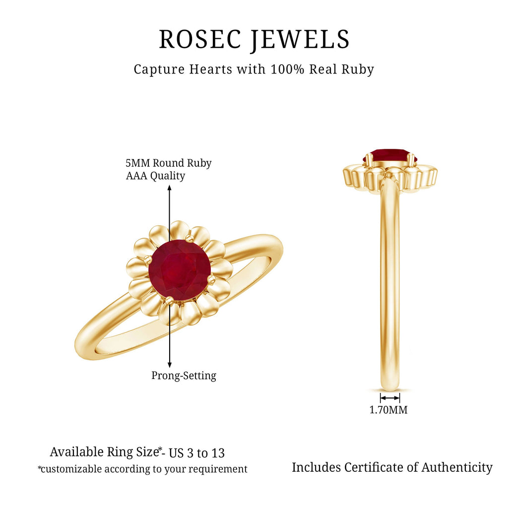3/4 CT Round Cut Solitaire Ruby Gold Flower Ring