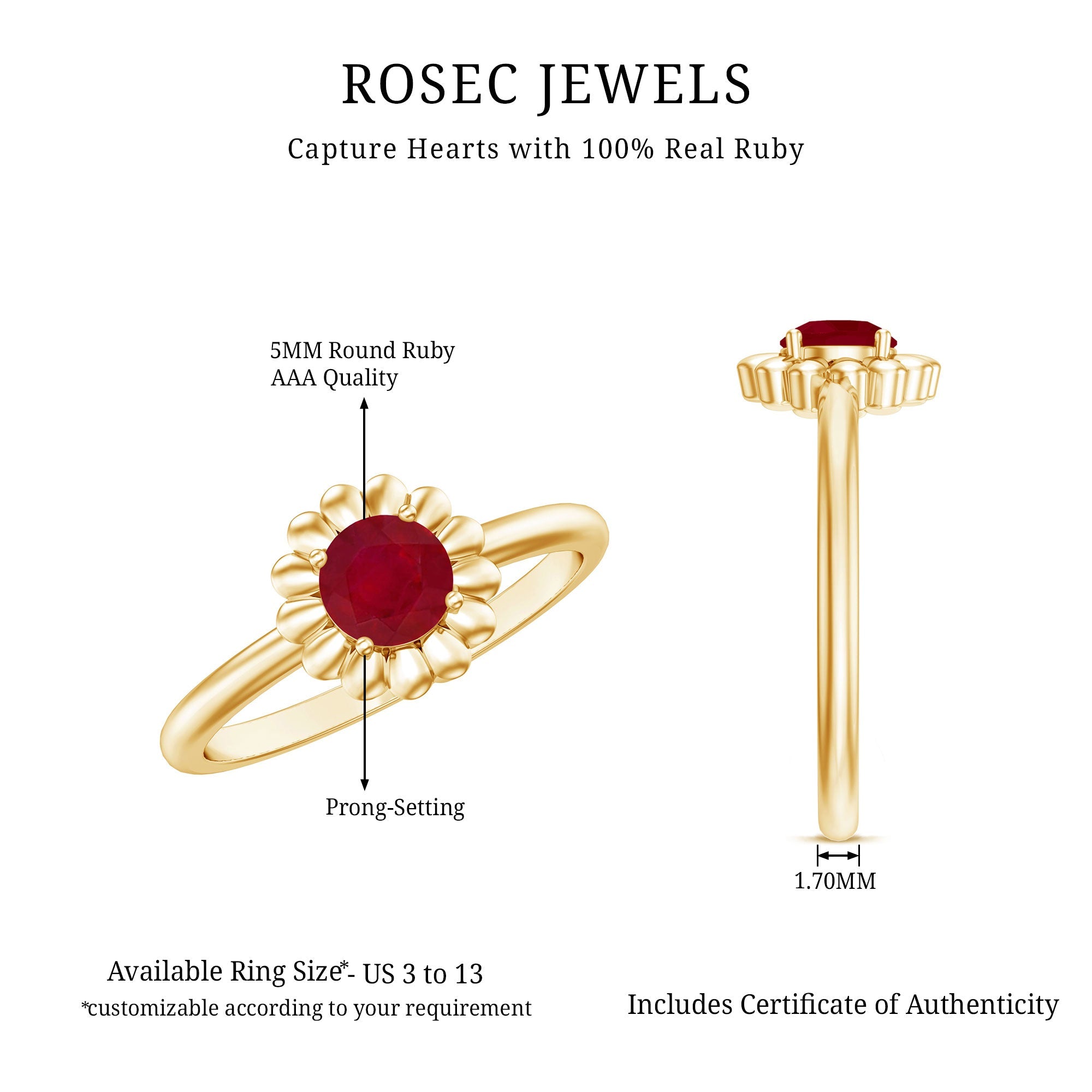 3/4 CT Round Cut Solitaire Ruby Gold Flower Ring