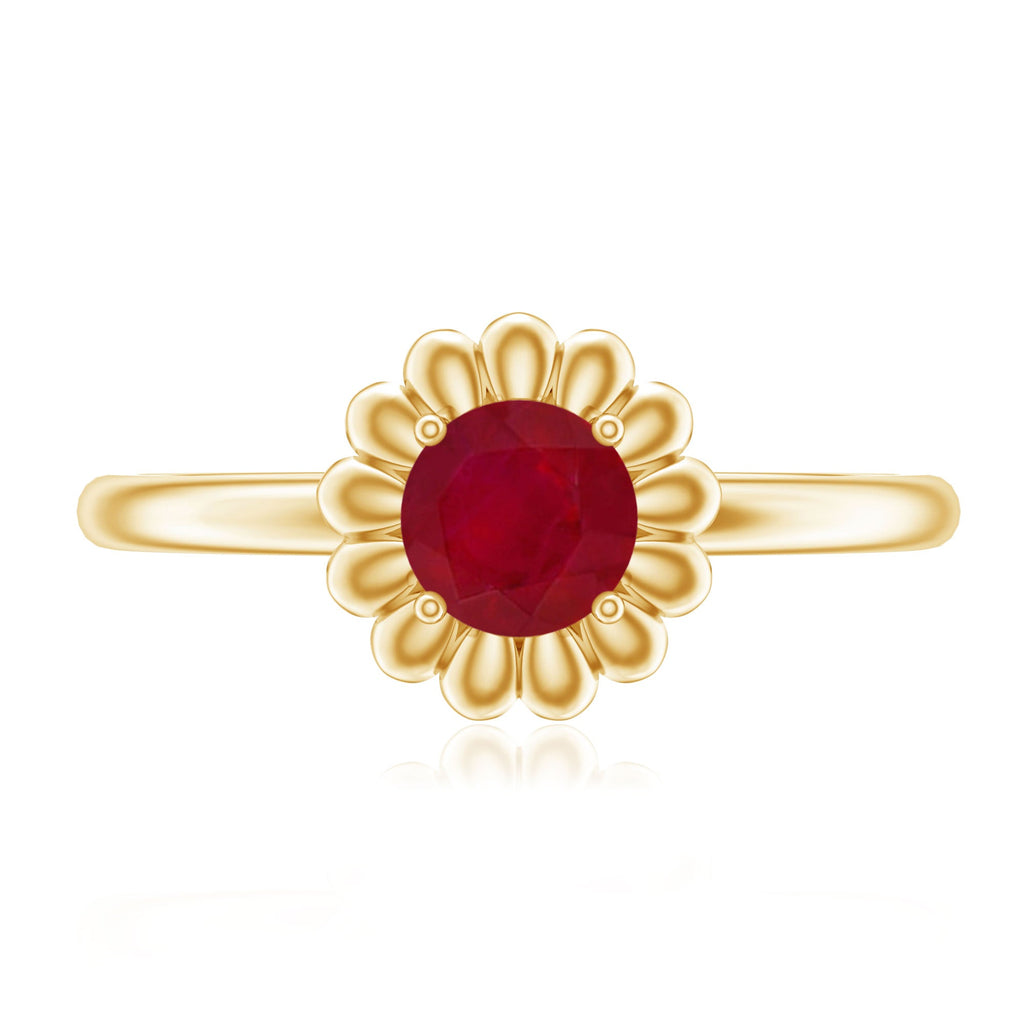 3/4 CT Round Cut Solitaire Ruby Gold Flower Ring