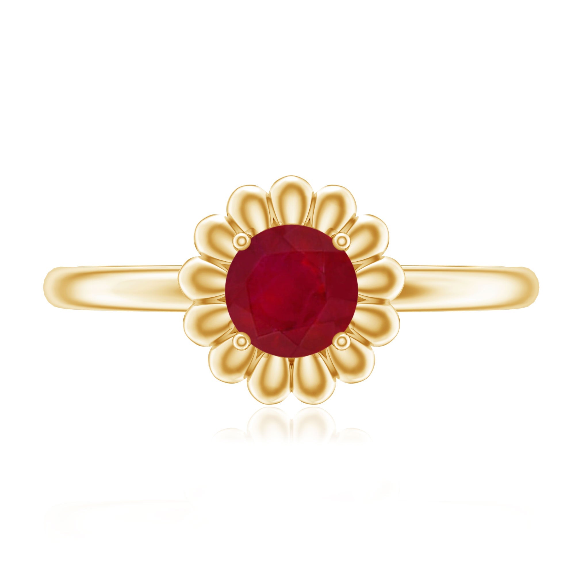 3/4 CT Round Cut Solitaire Ruby Gold Flower Ring